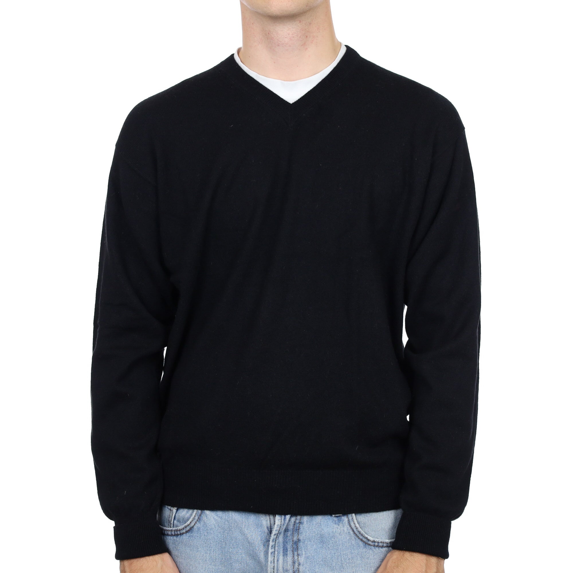 Men's Black Cashmere V Neck Jumper Large