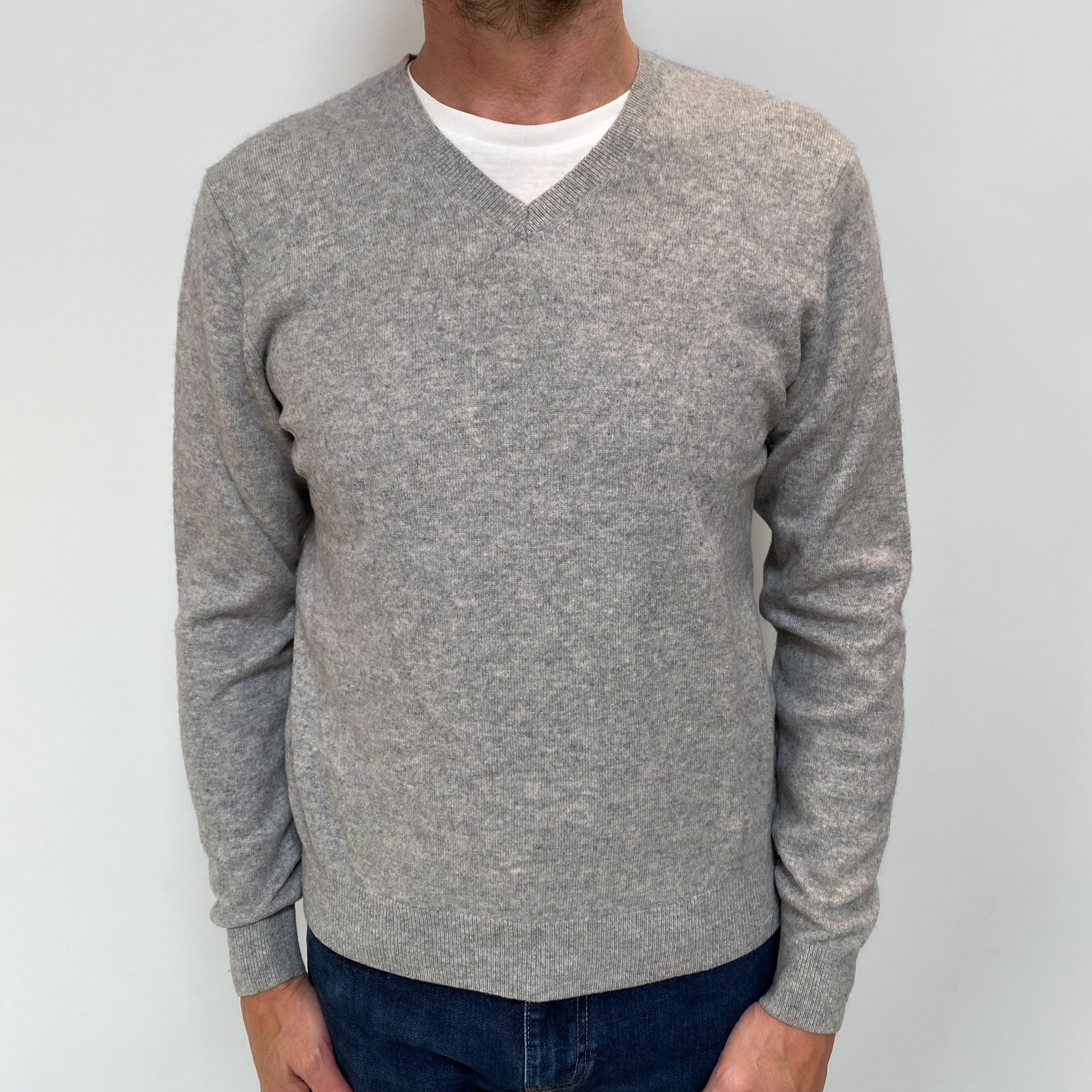 Men's Smoke Grey Cashmere V Neck Jumper Small