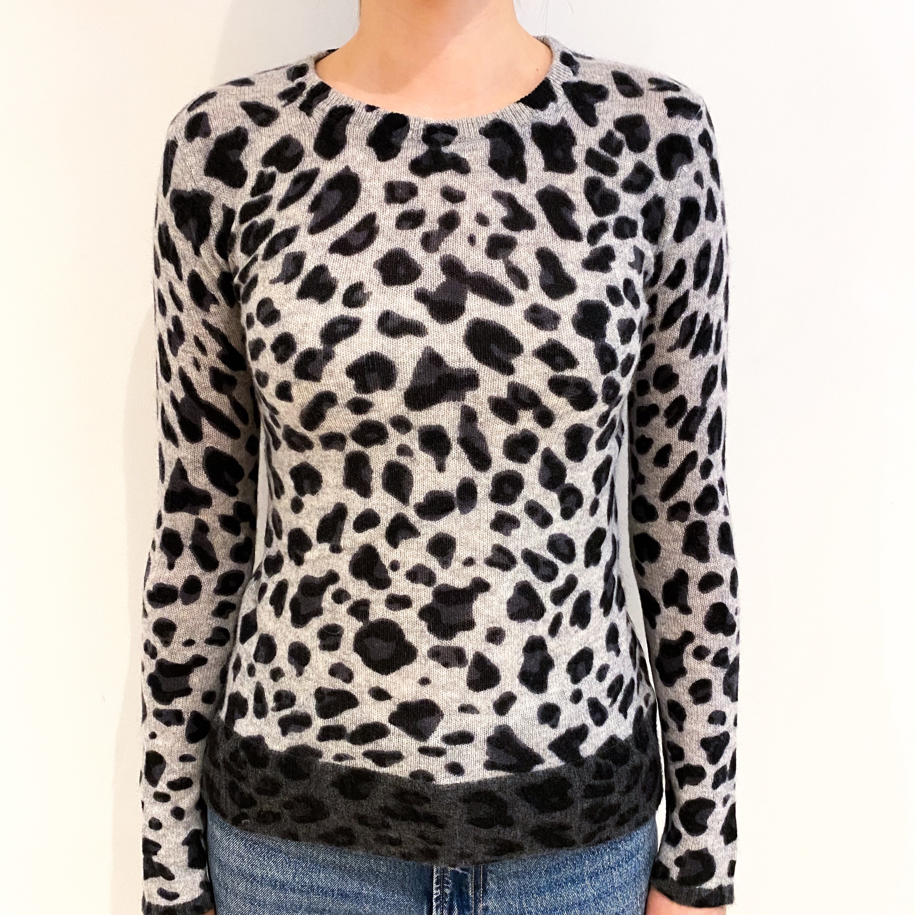 Grey Animal Print Cashmere Crew Neck Jumper Extra Small