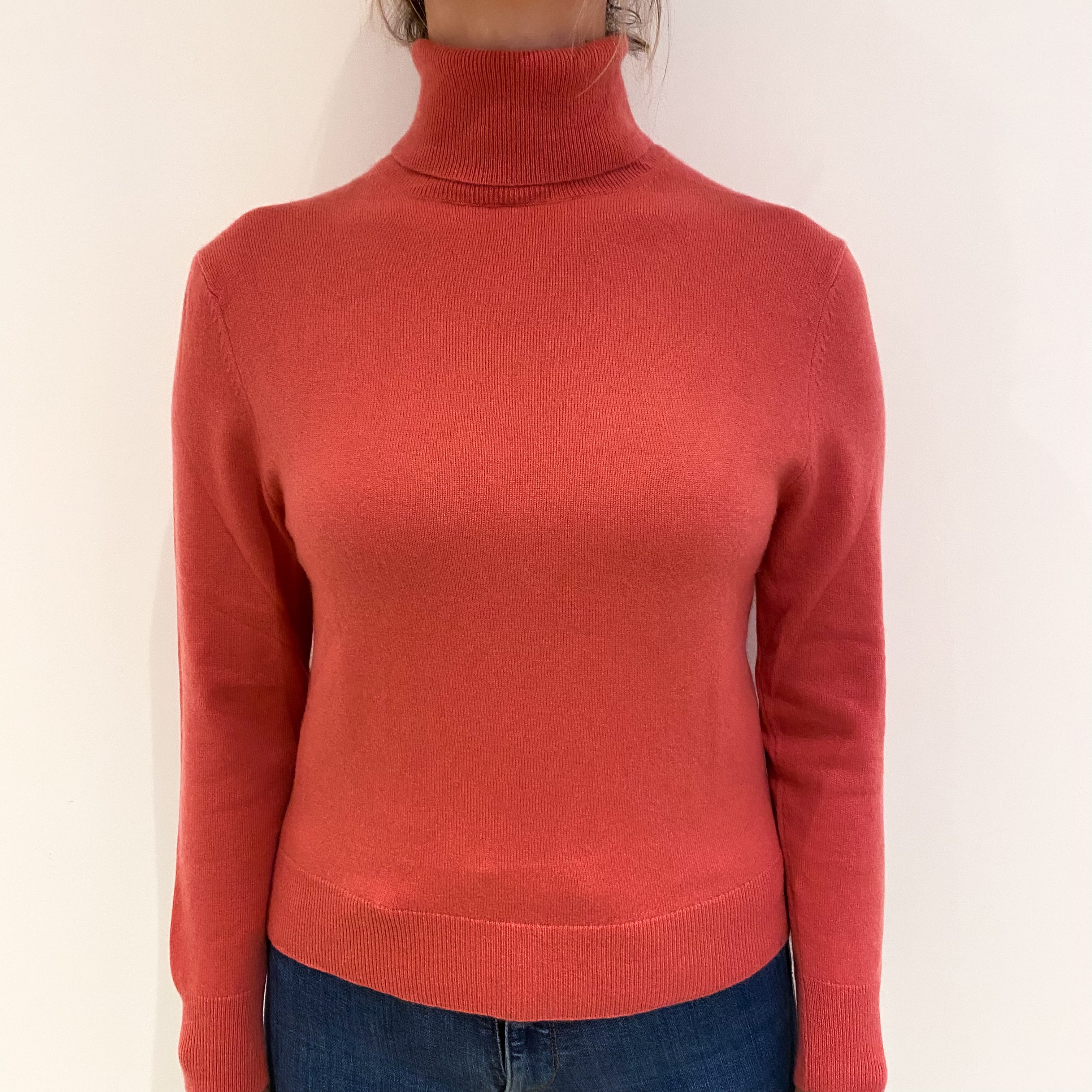 Warm Rose Pink Cashmere Polo Neck Jumper Small