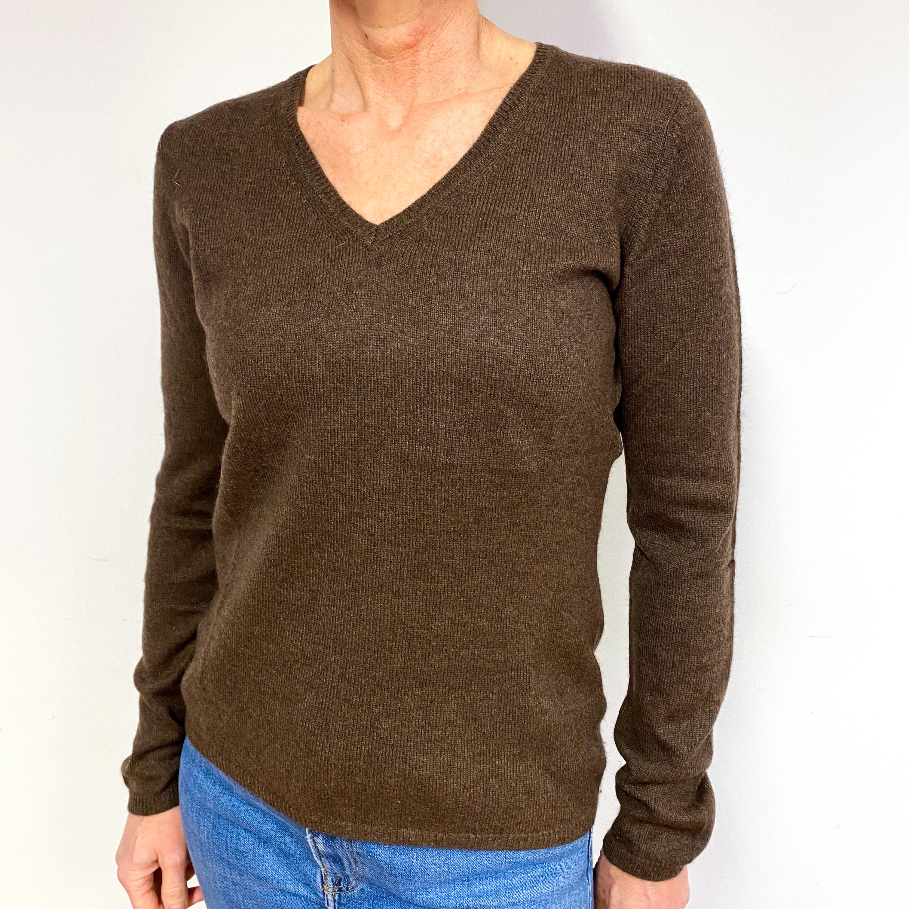 Chocolate Brown Cashmere V-Neck Jumper Medium