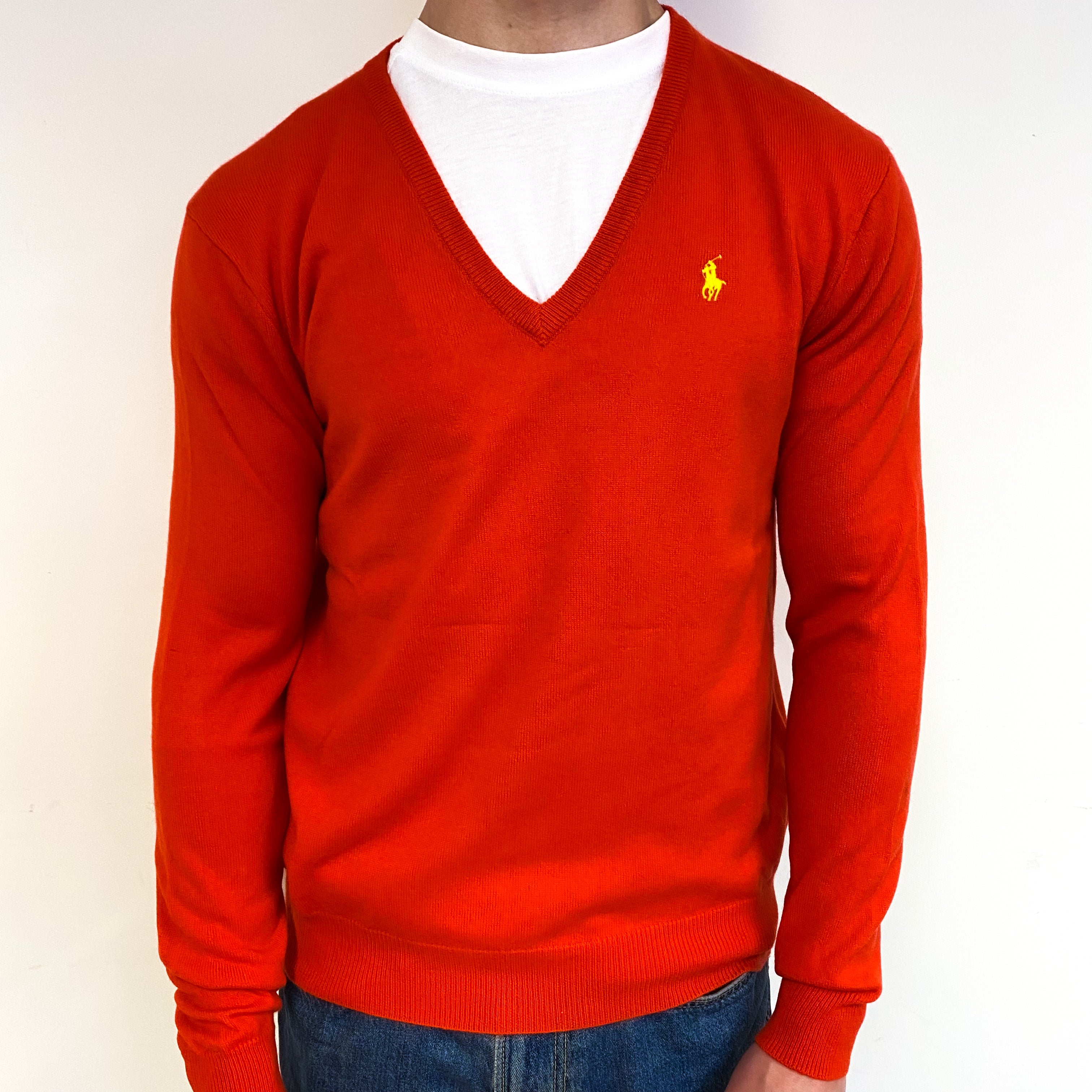 Men's Ralph Lauren Vermilion Red Cashmere V-Neck Jumper Small