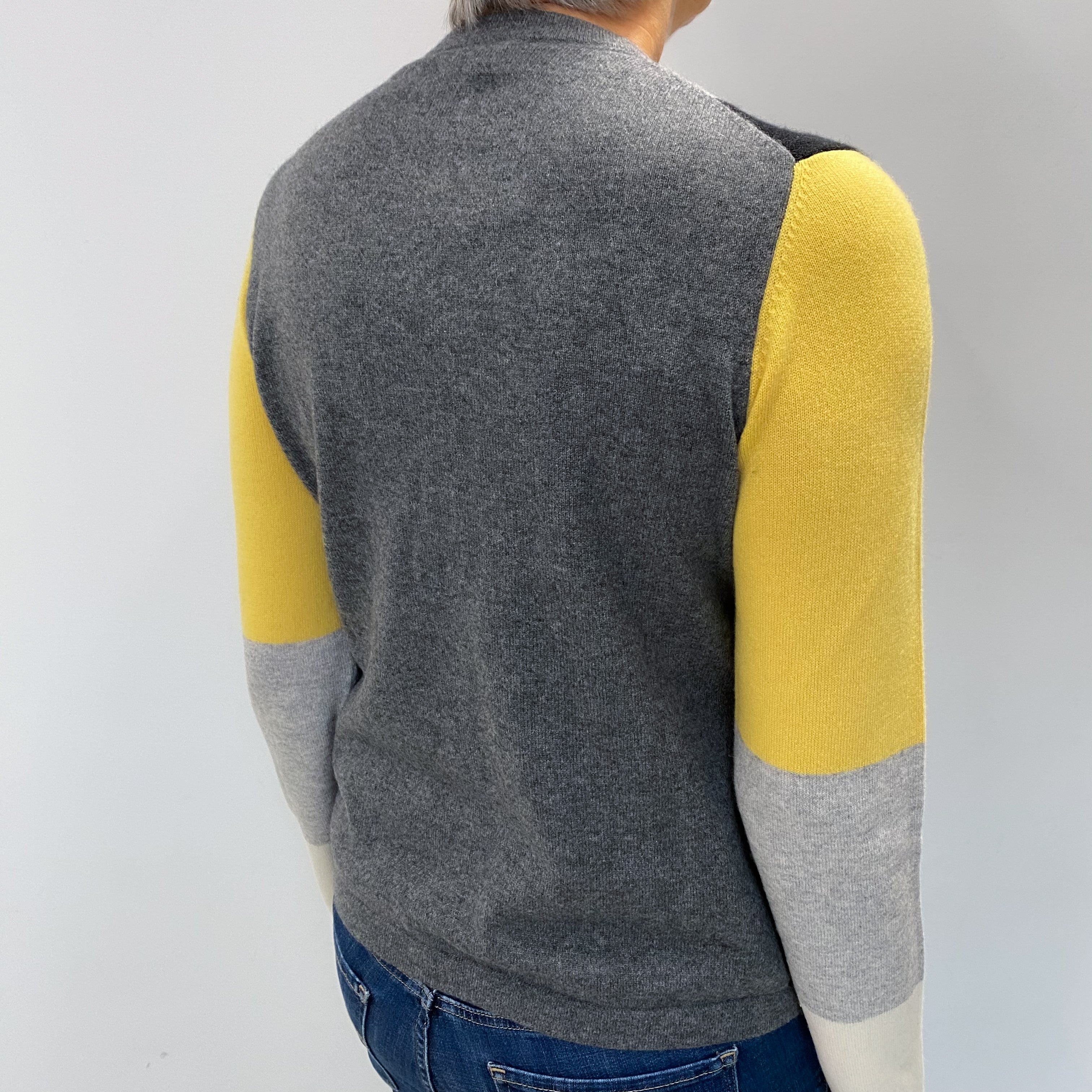 Grey and Yellow Block Cashmere Crew Neck Cardigan Medium