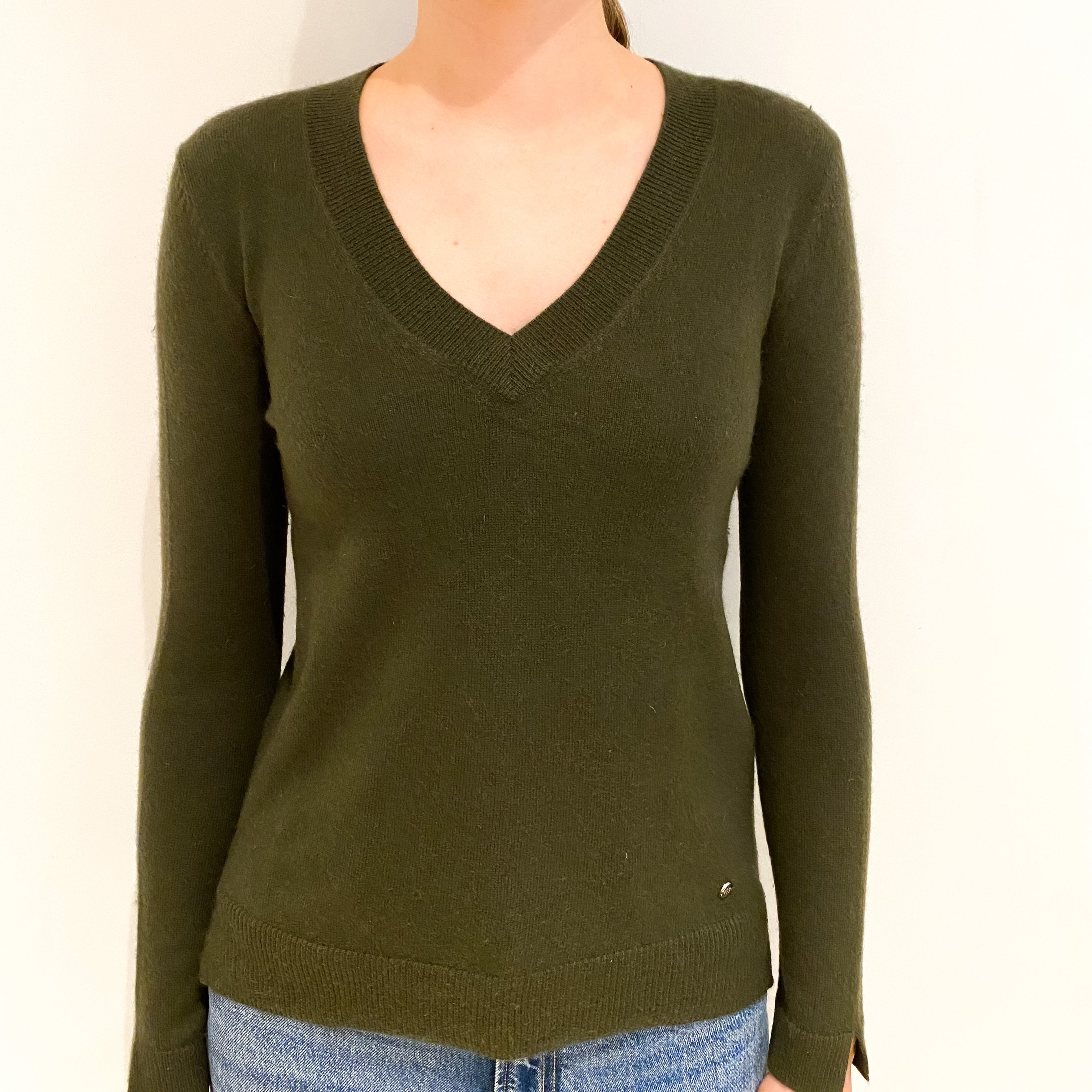 Deep Khaki Cashmere V Neck Jumper Extra Small