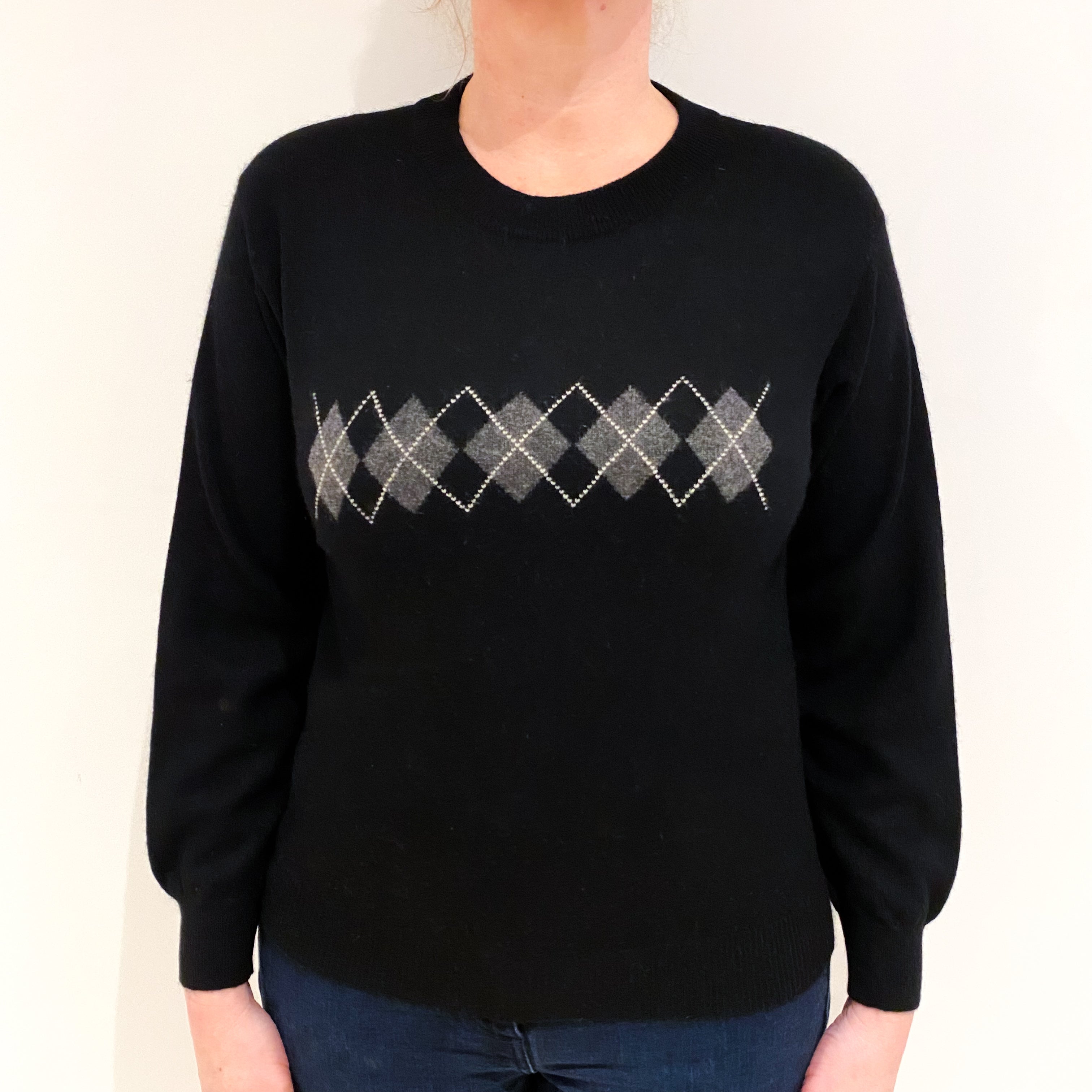 Black Argyle Cashmere Crew Neck Jumper Large