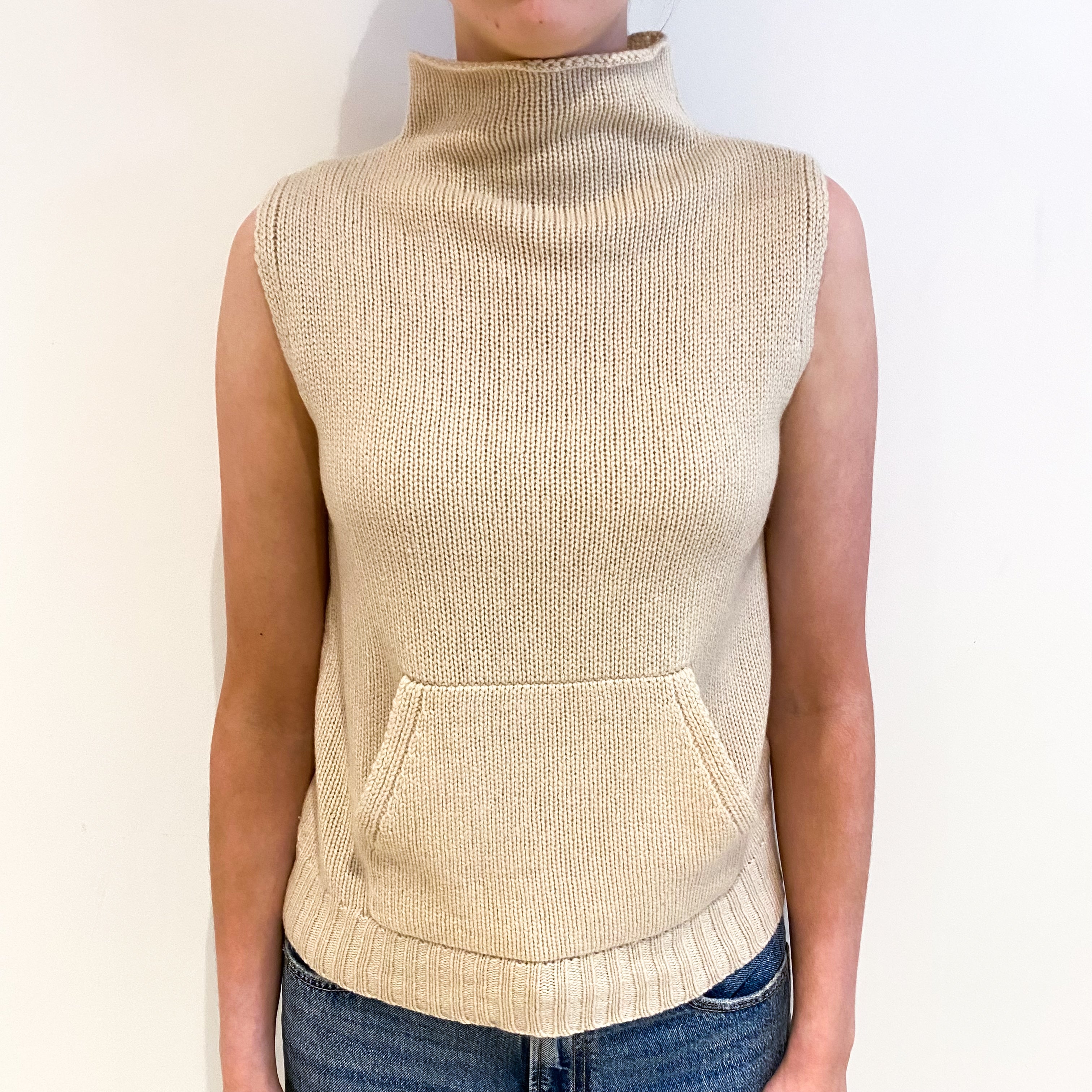 Sand Beige Cashmere Funnel Neck Sleeveless Jumper Extra Small