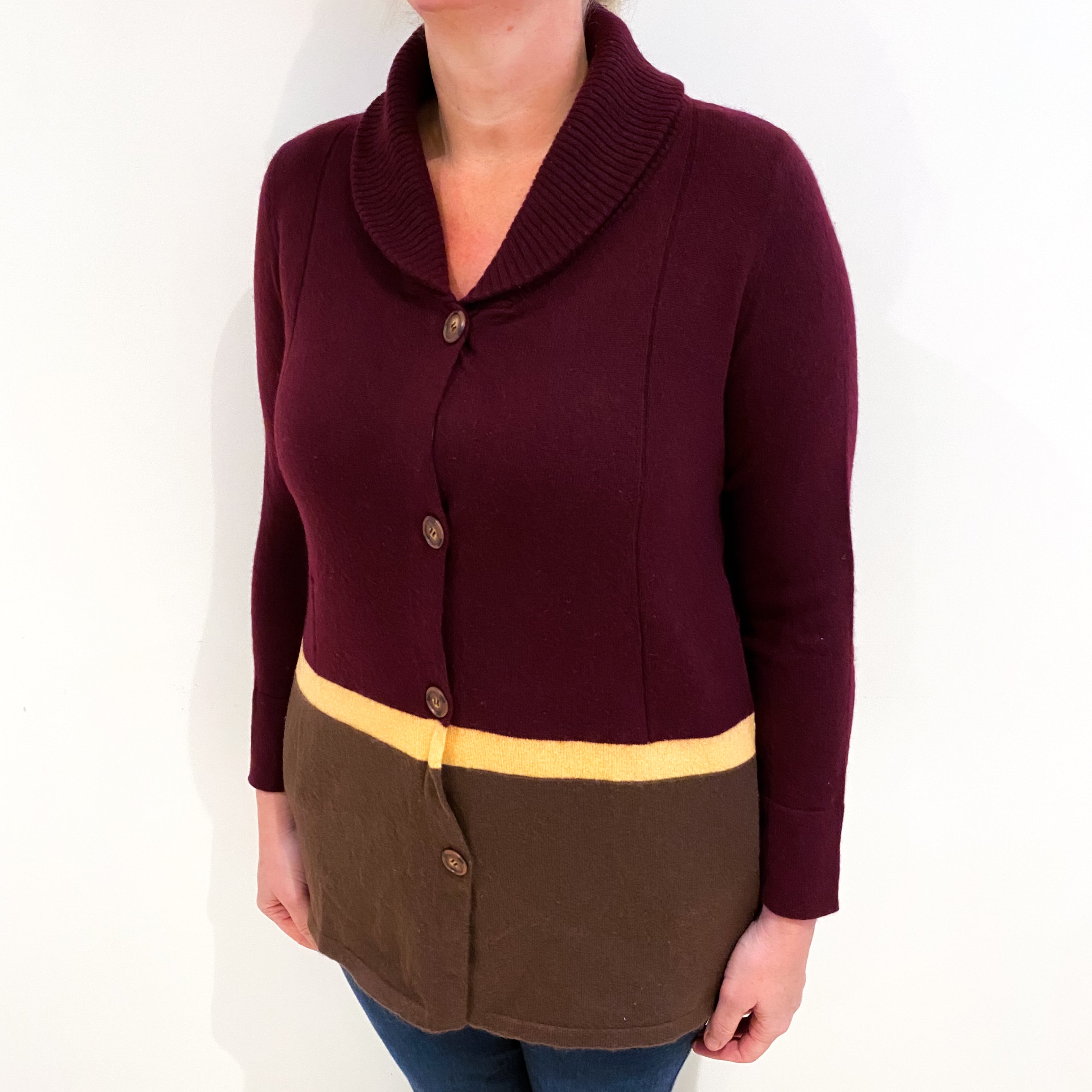 Wine Red Colour Block Cashmere Collared Cardigan with Pockets Large