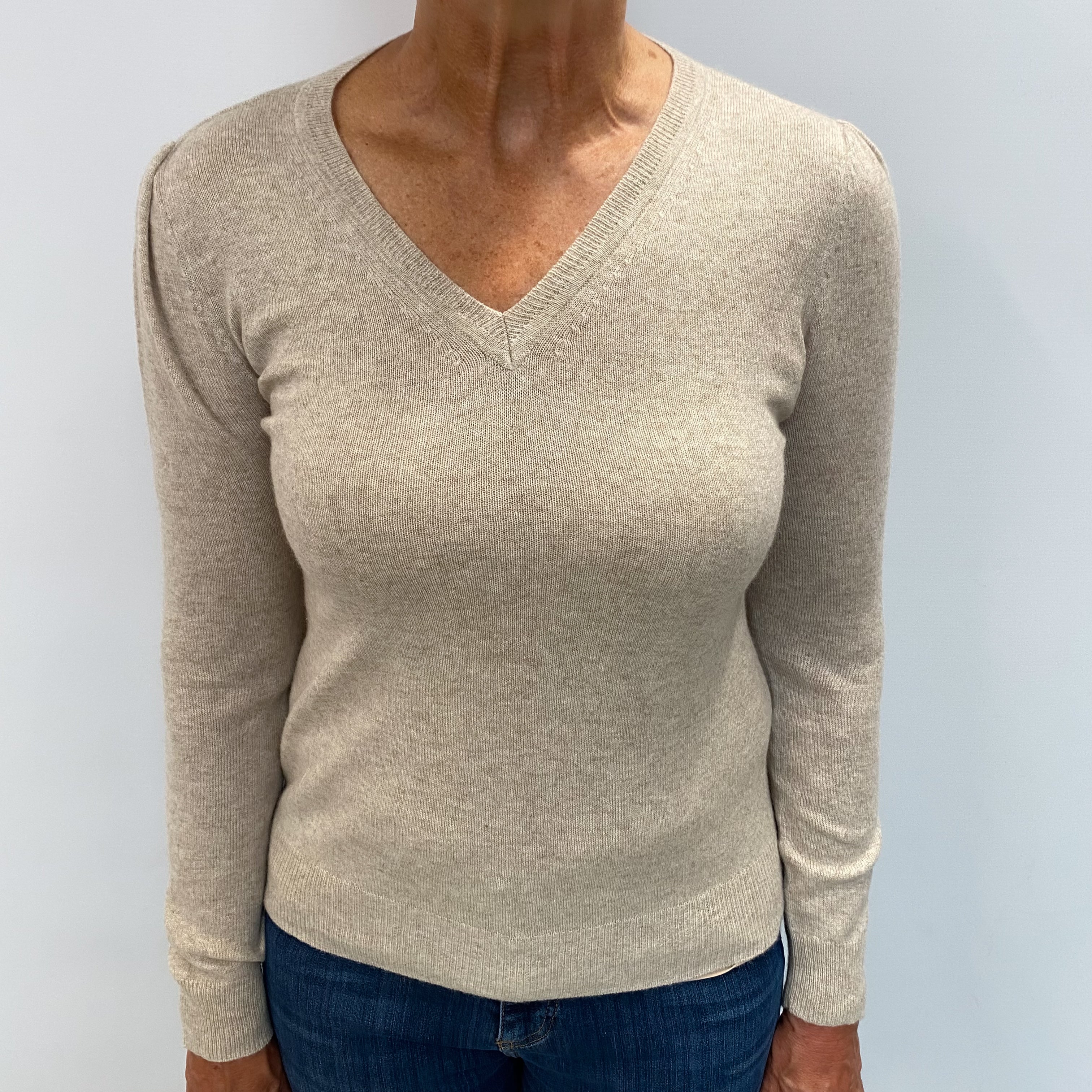 Oatmeal Beige Cashmere V Neck Jumper Medium