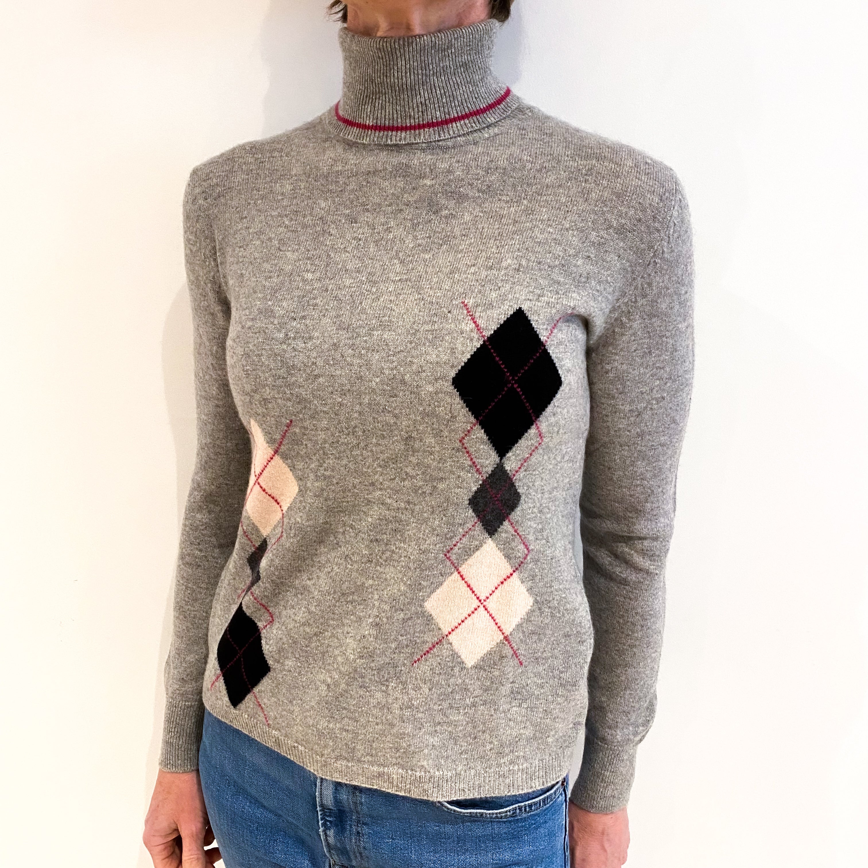 Smoke Grey And Pink Diamond Pattern Cashmere Polo Neck Jumper Small