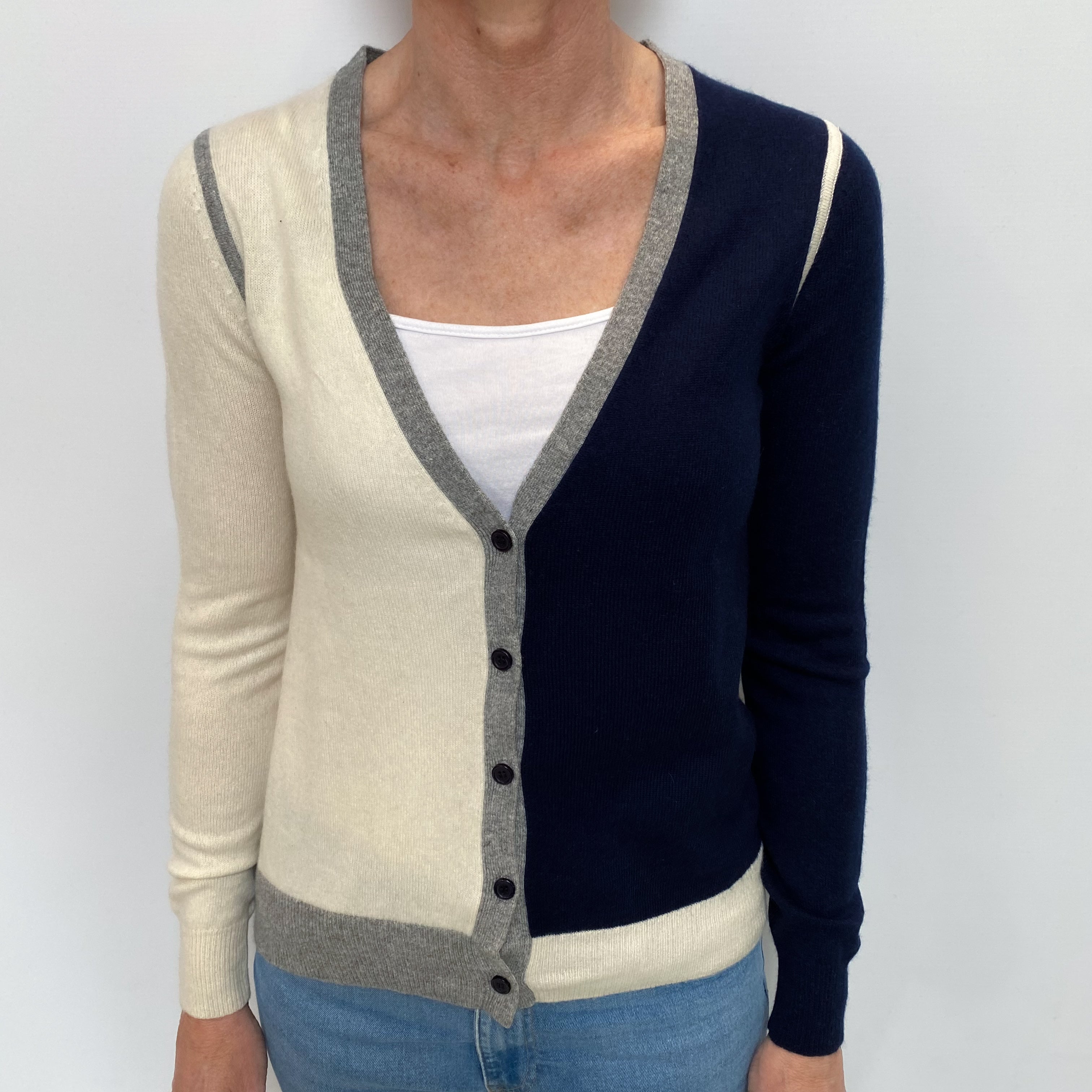 Navy Colour Block Cashmere V Neck Cardigan Small