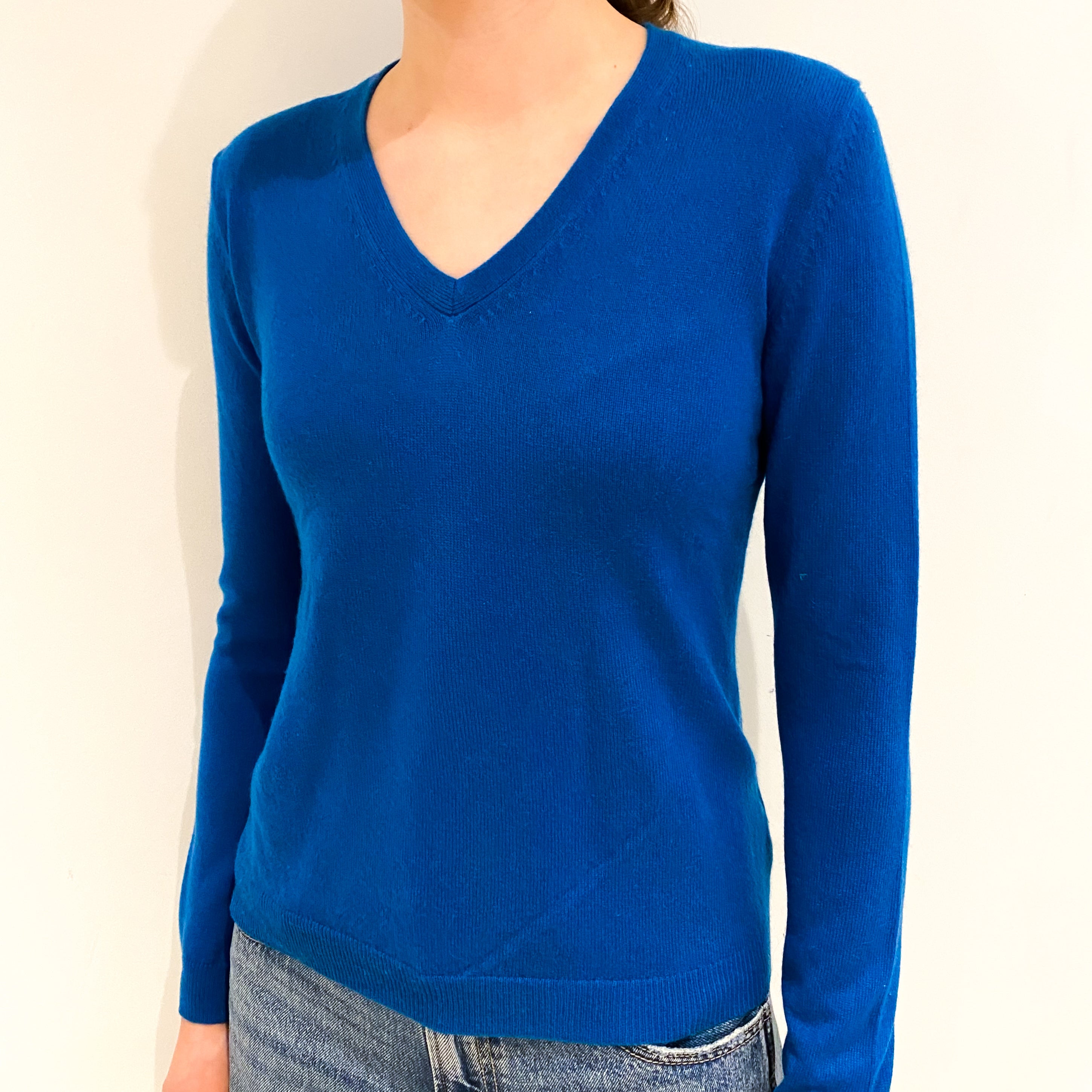 Peacock Blue Cashmere V Neck Jumper Extra Small