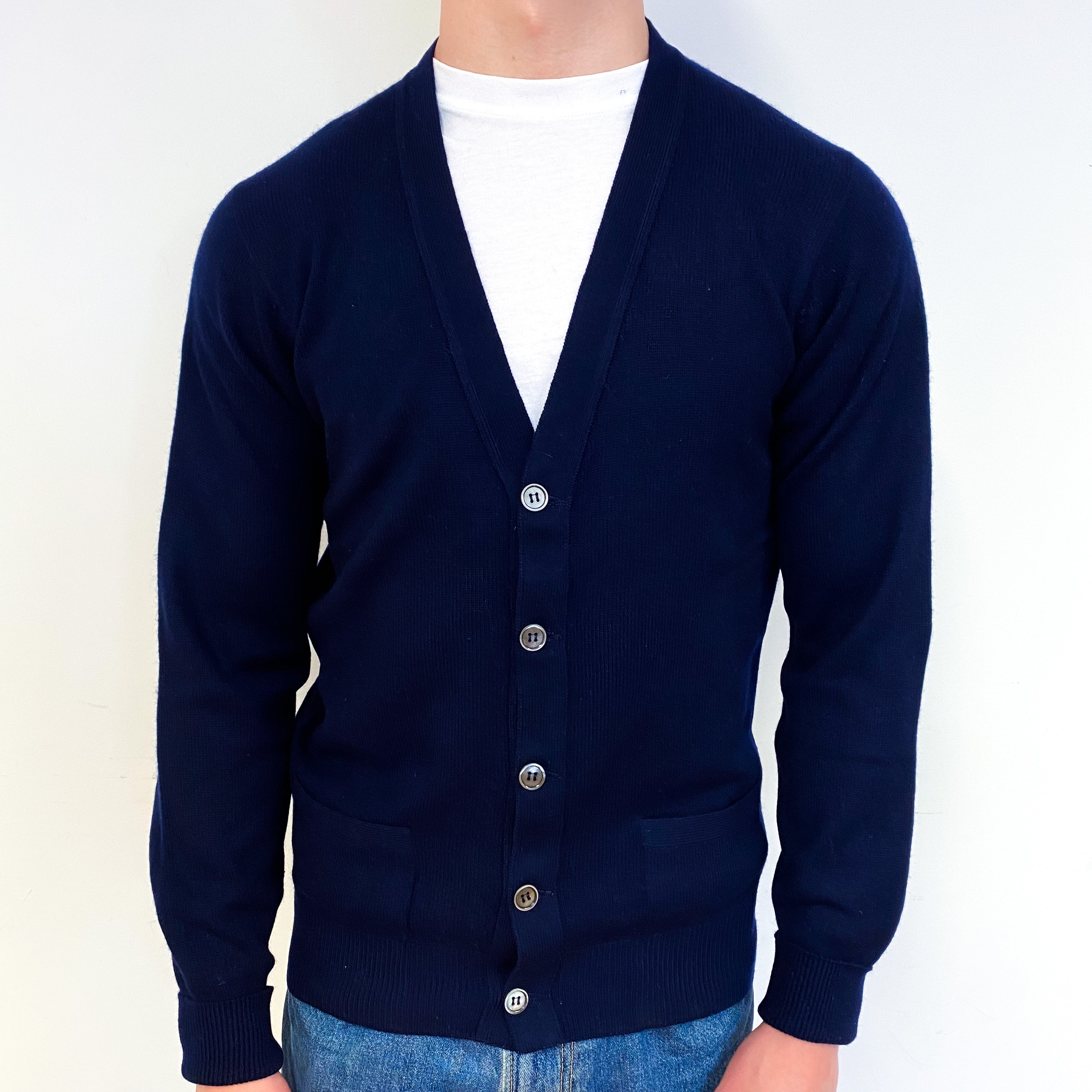 Men's Vintage Scottish Navy Cashmere V-Neck Cardigan Small