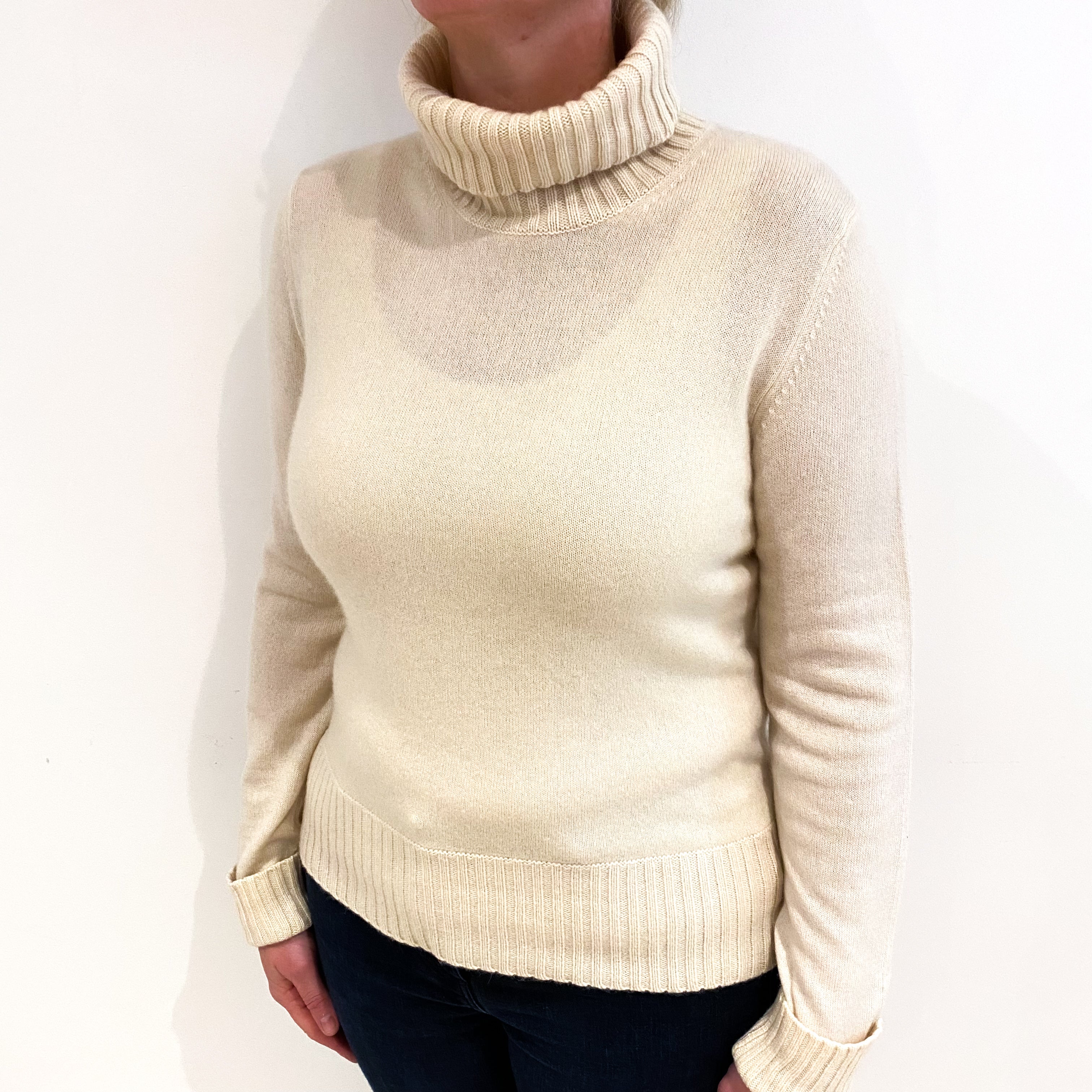 Warm Cream Cashmere Polo Neck Jumper Large