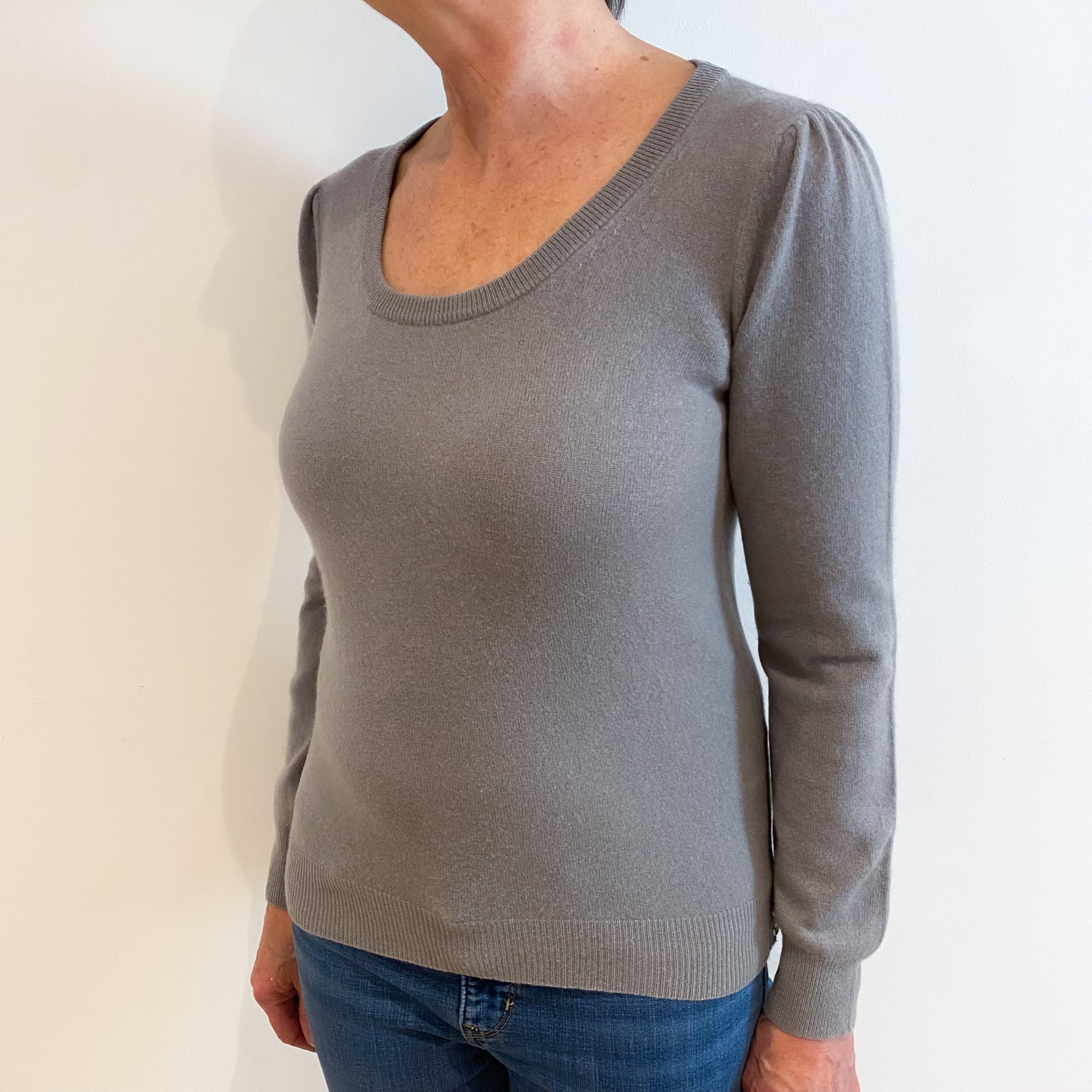 Clay Grey Button Side Cashmere Scoop Neck Jumper Medium