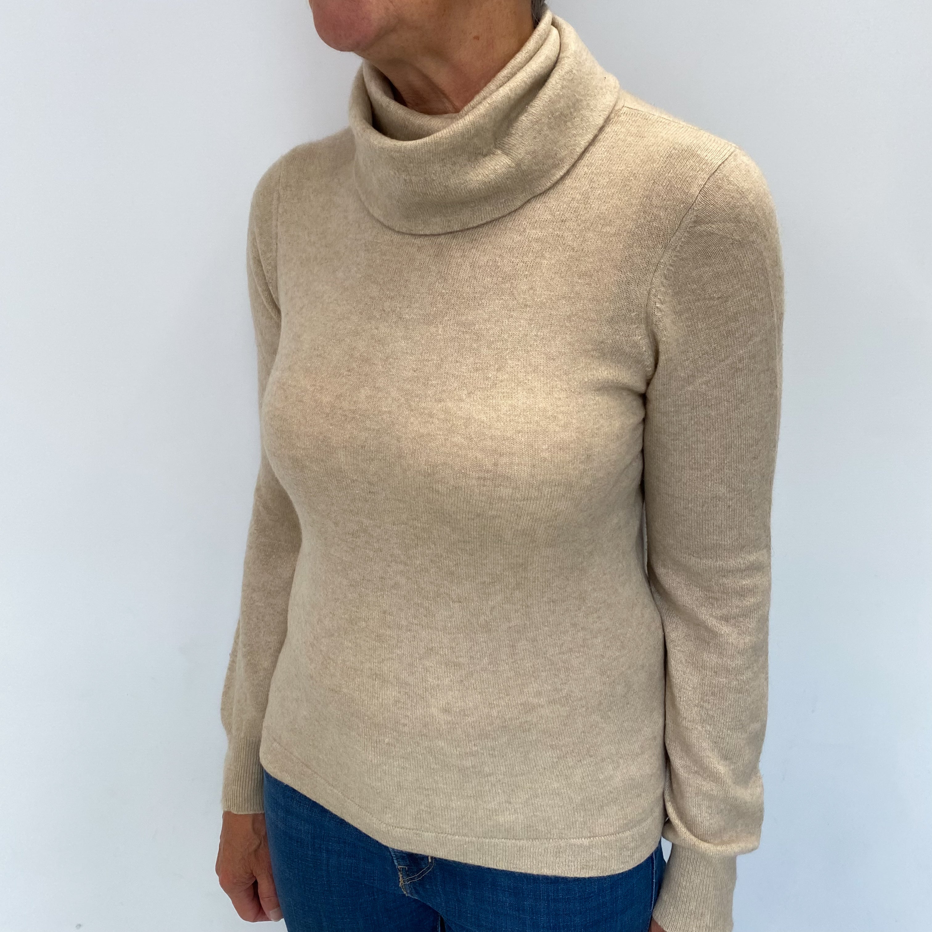 Beige Cashmere Polo Neck Jumper Medium