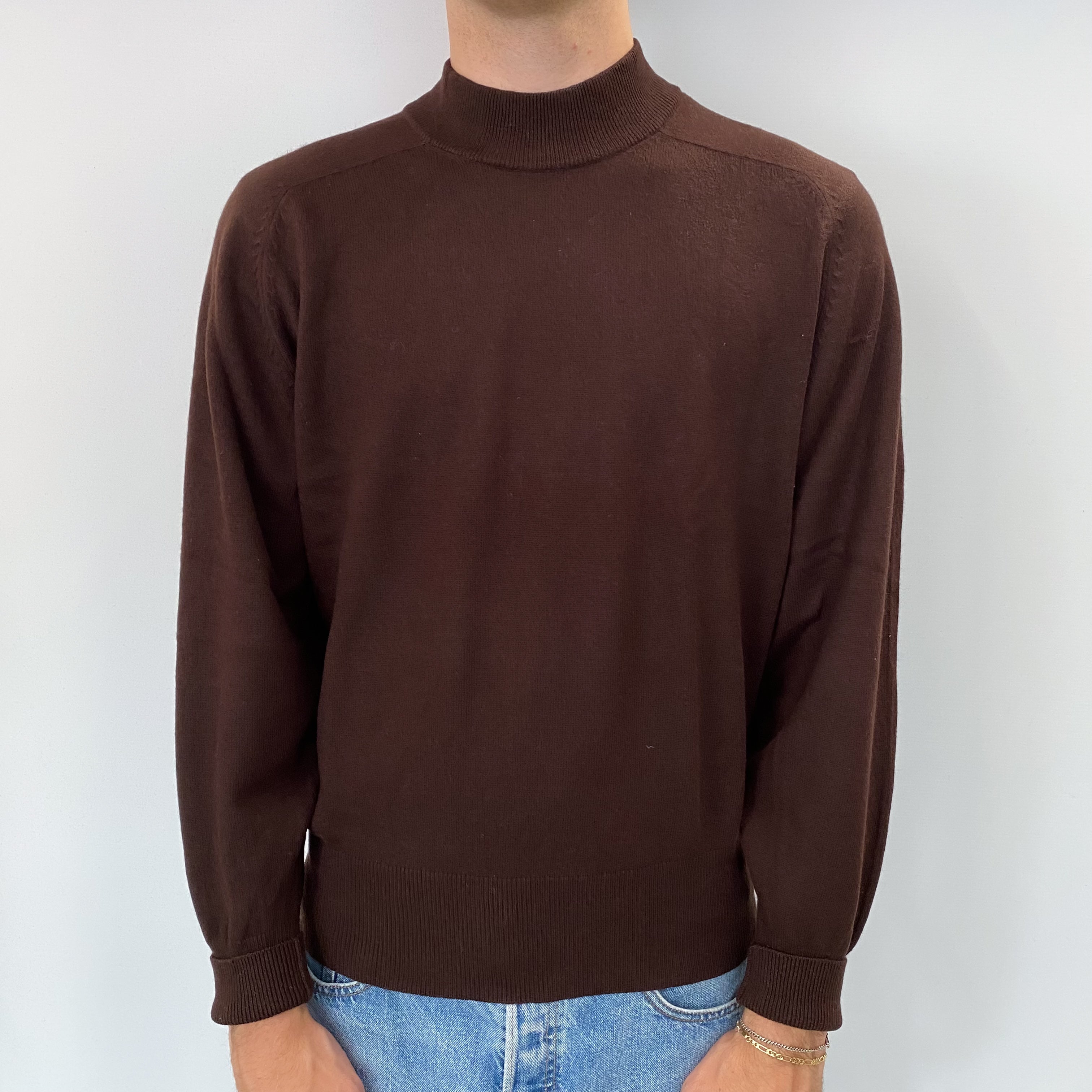 Men's Chocolate Brown Cashmere Turtle Neck Jumper Large