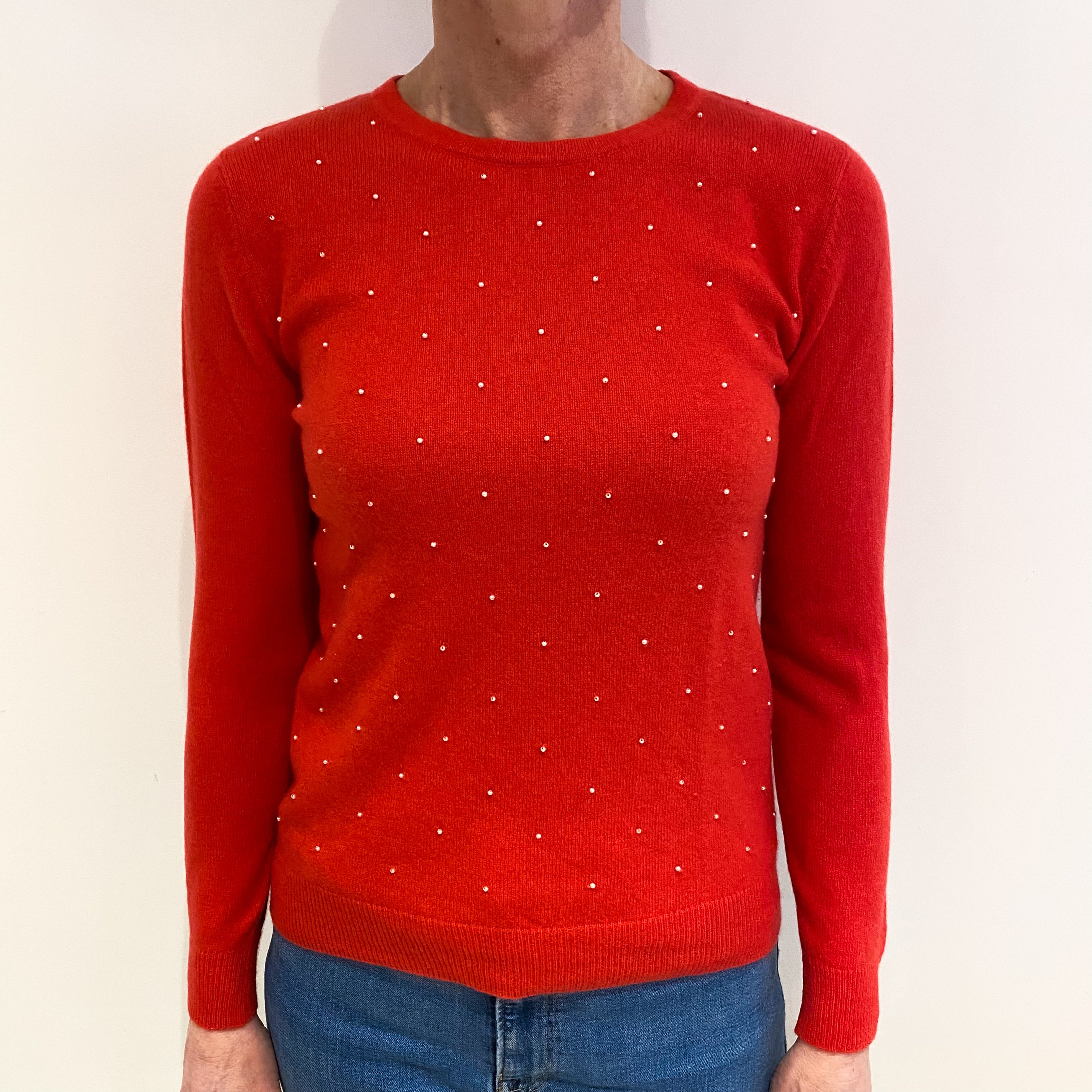 Vermillion Red Embellished Cashmere Crew Neck Jumper Small