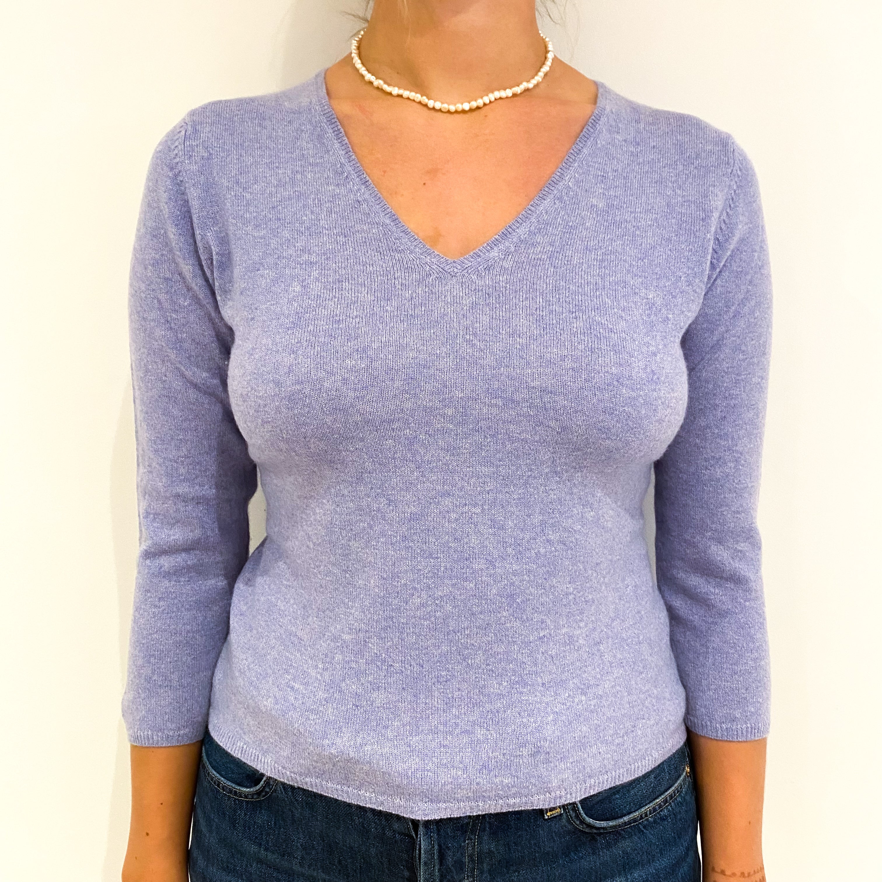 Wisteria Purple 3/4 Sleeved Cashmere V-Neck Jumper Small