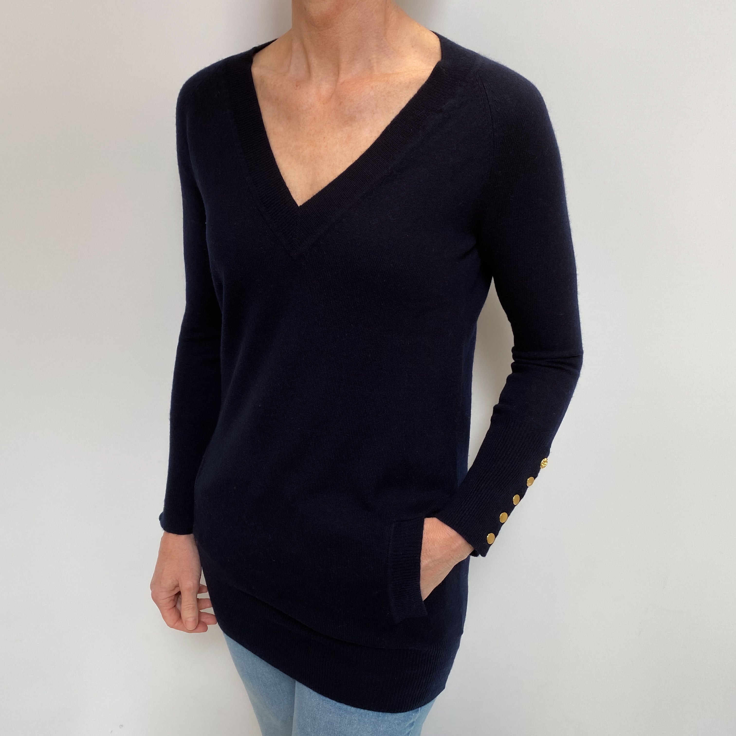 Navy Cashmere V Neck Jumper Small