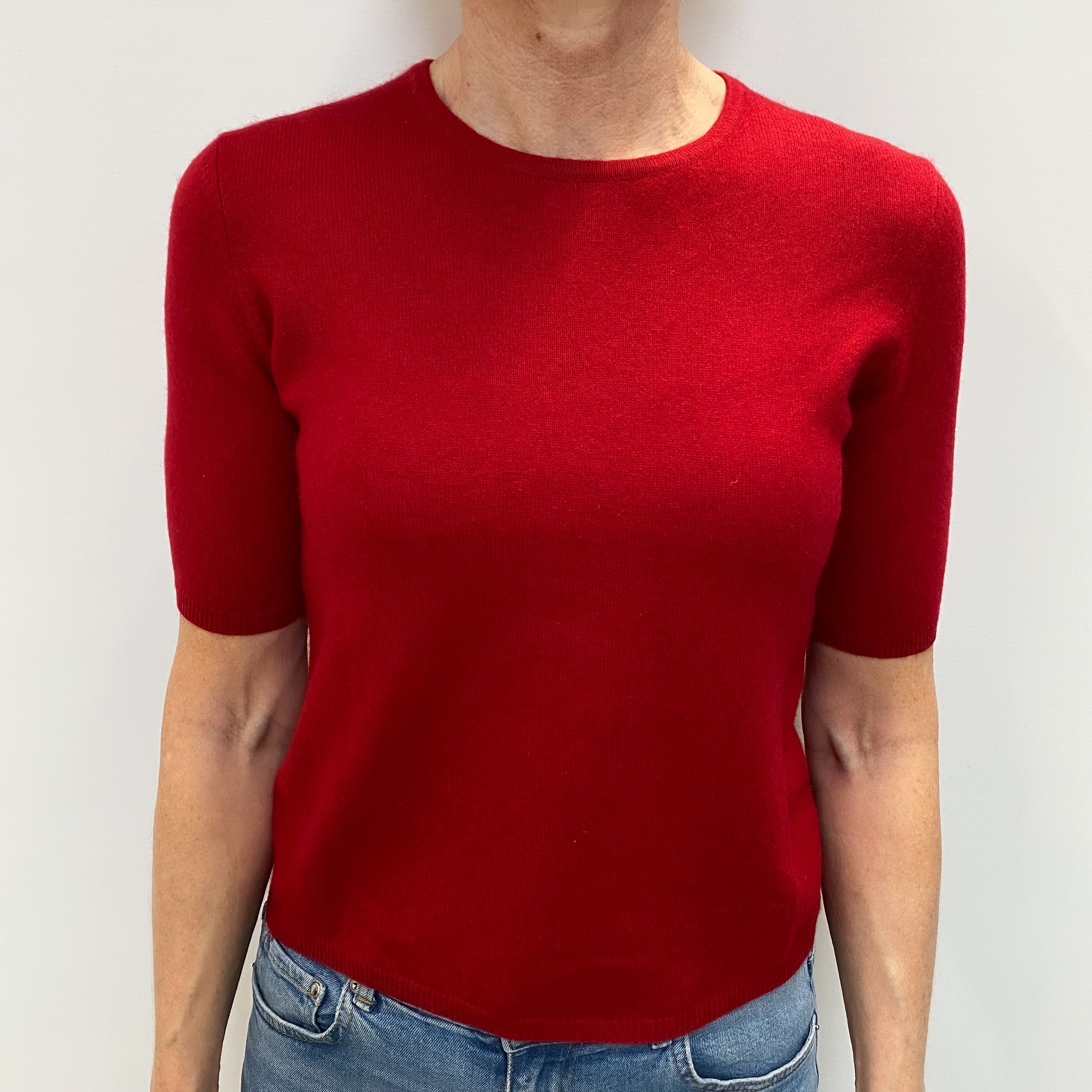 Post Box Red Cashmere Crew Neck Short Sleeved Jumper Small