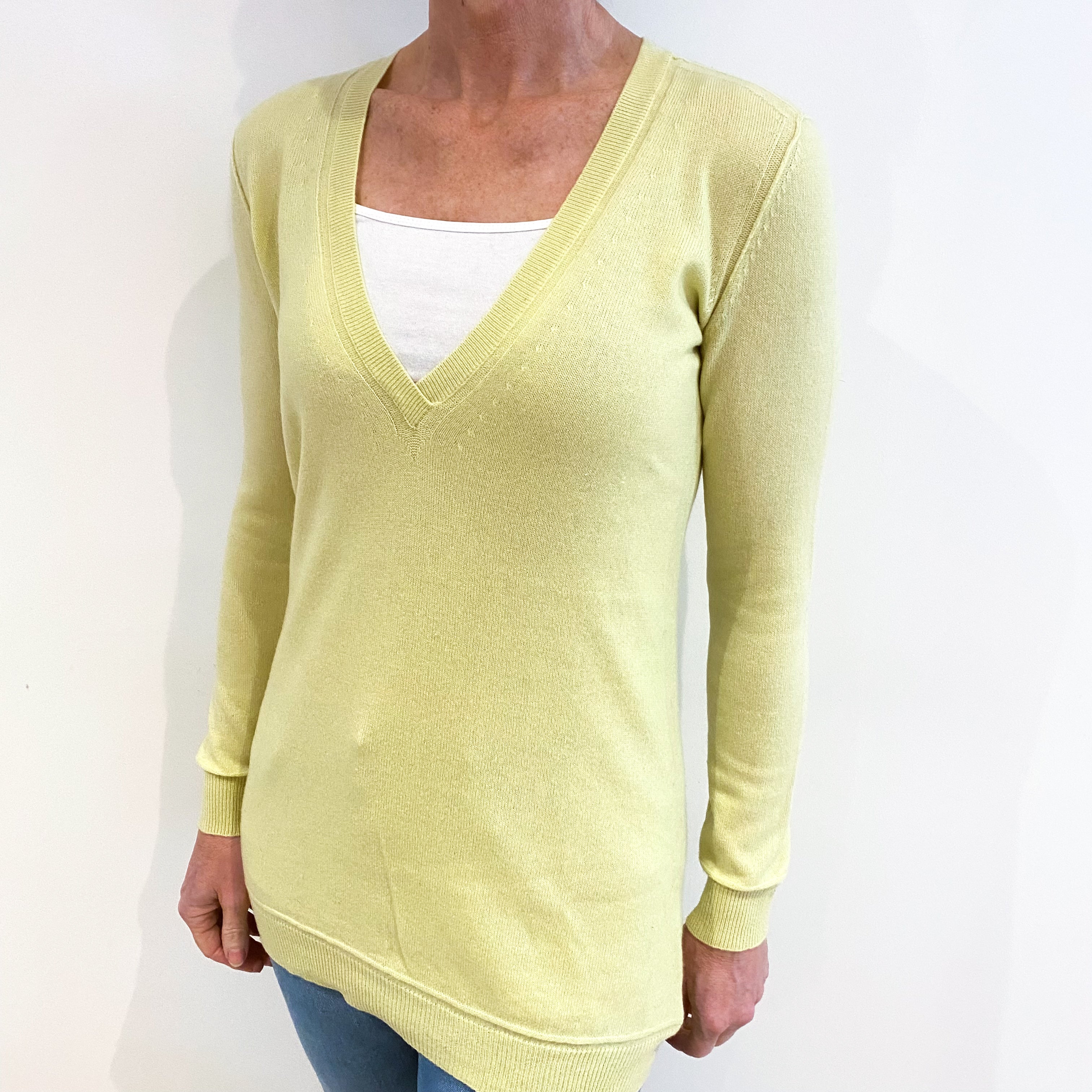 Primrose Yellow Cashmere Longline V Neck Jumper Small