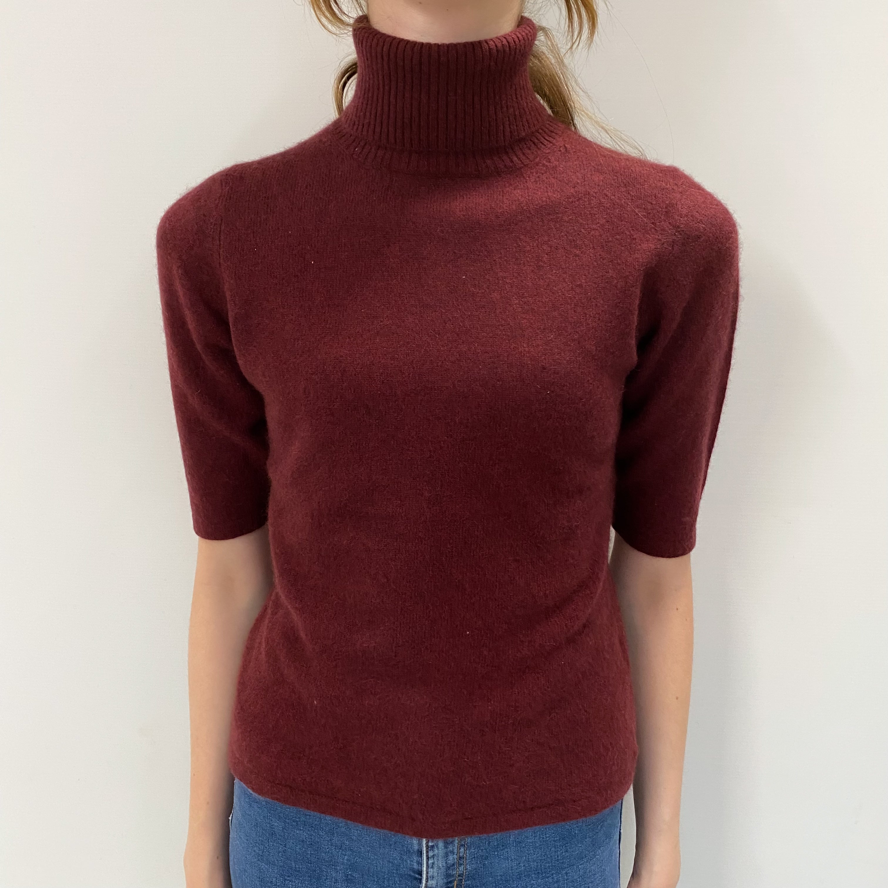 Wine Red Cashmere Short Sleeved Polo Neck Jumper Extra Small