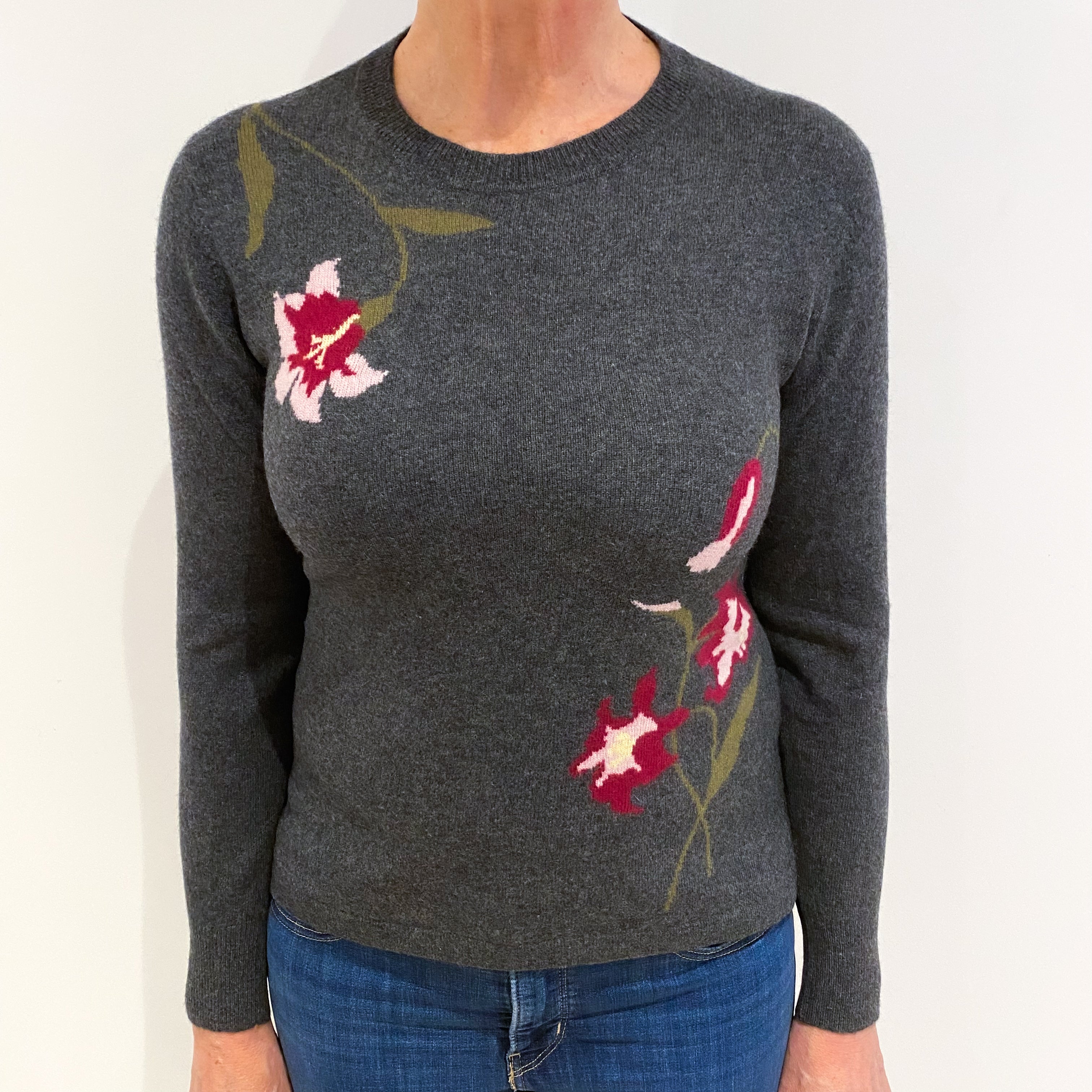 Slate Grey Floral Design Cashmere Crew Neck Jumper Medium