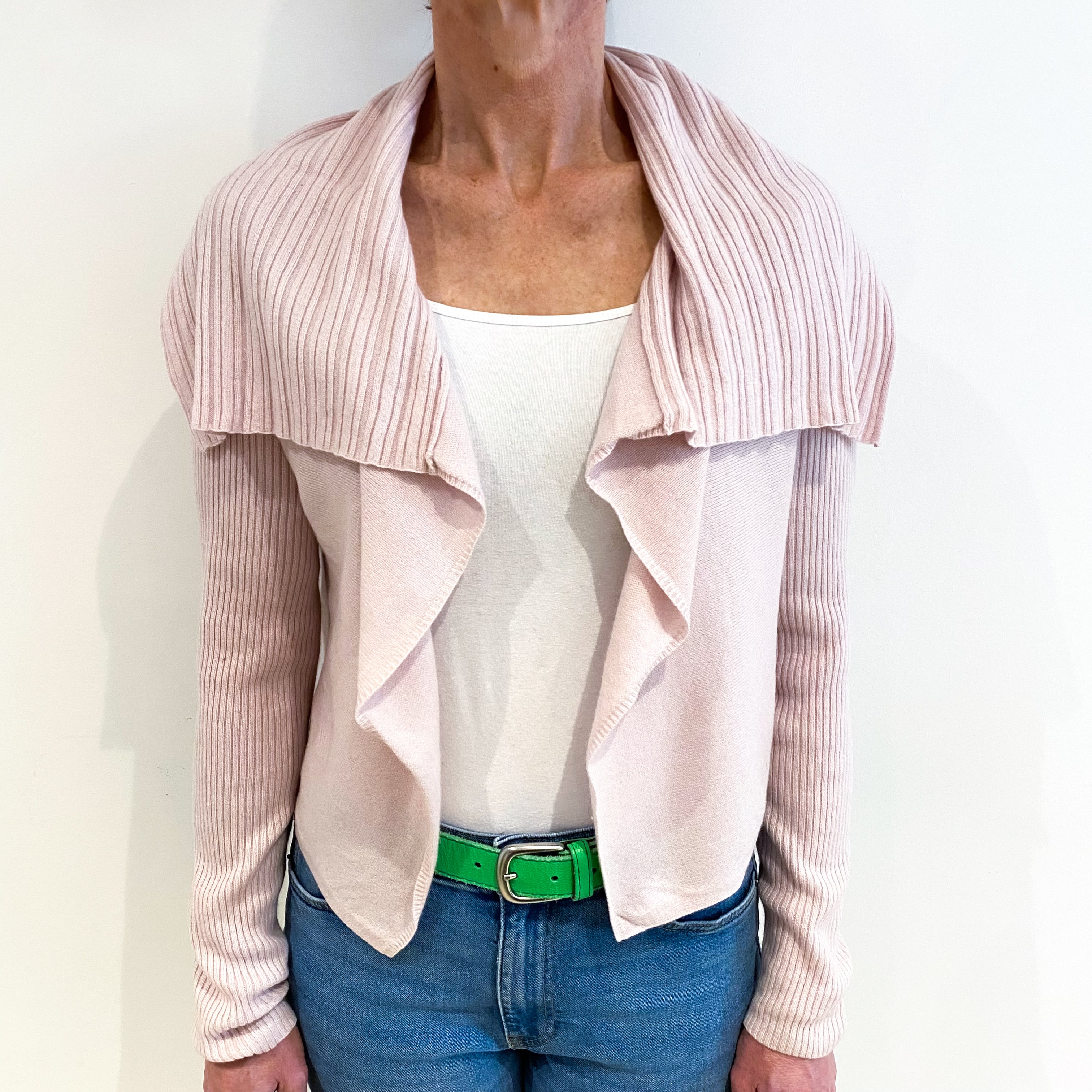 Ice Pink Cashmere Edge to Edge Ribbed Collar Cardigan Small