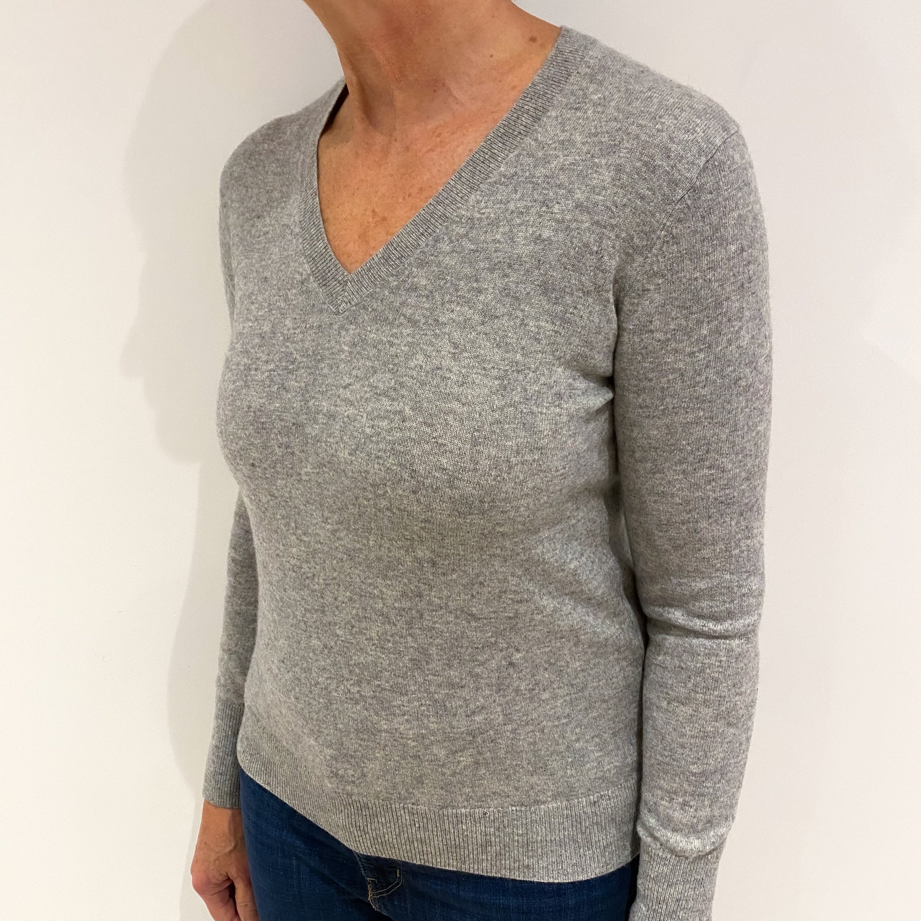 Smoke Grey Cashmere V Neck Jumper Medium