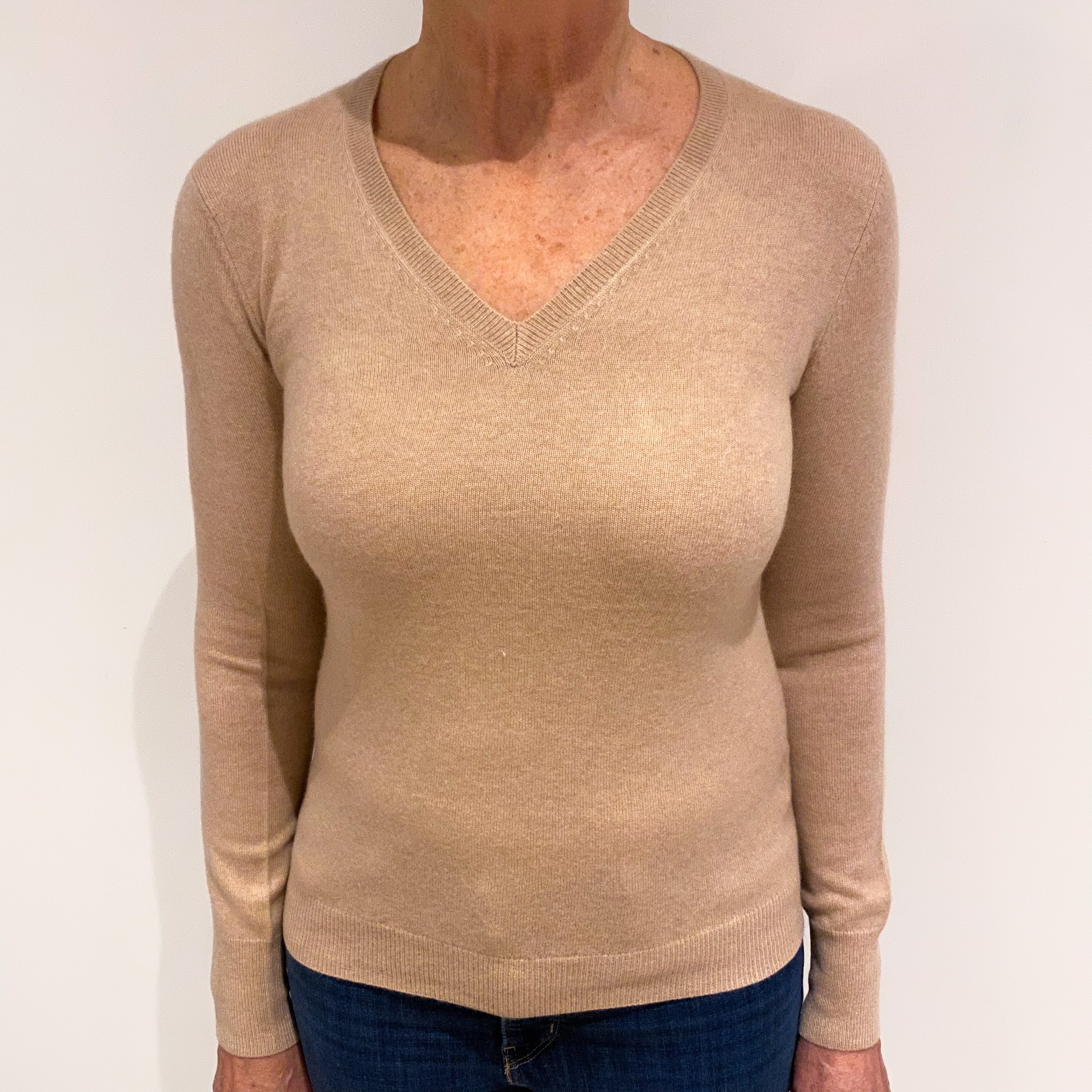 Buff Beige Cashmere V Neck Jumper Medium