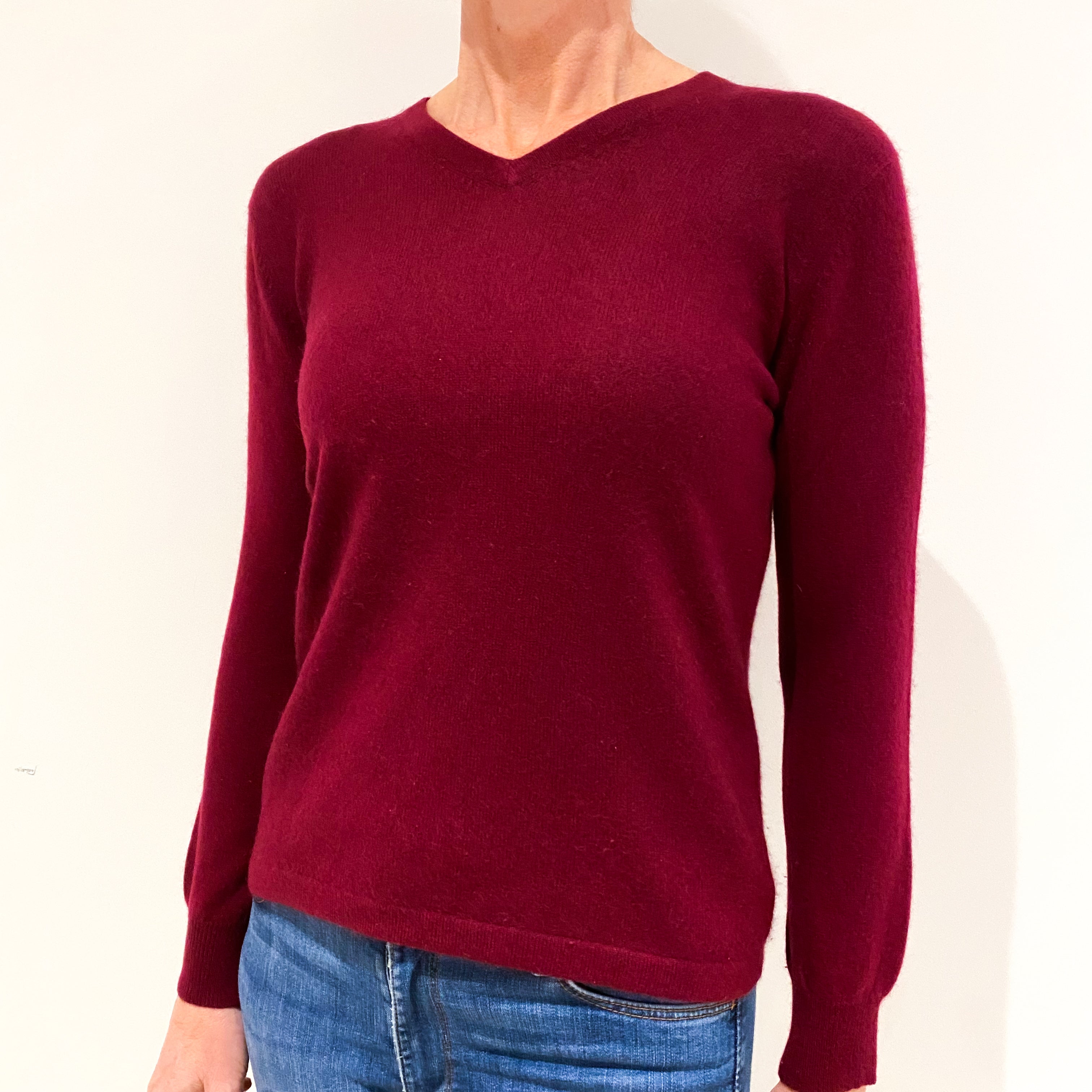 Wine Red Cashmere V-Neck Jumper Small