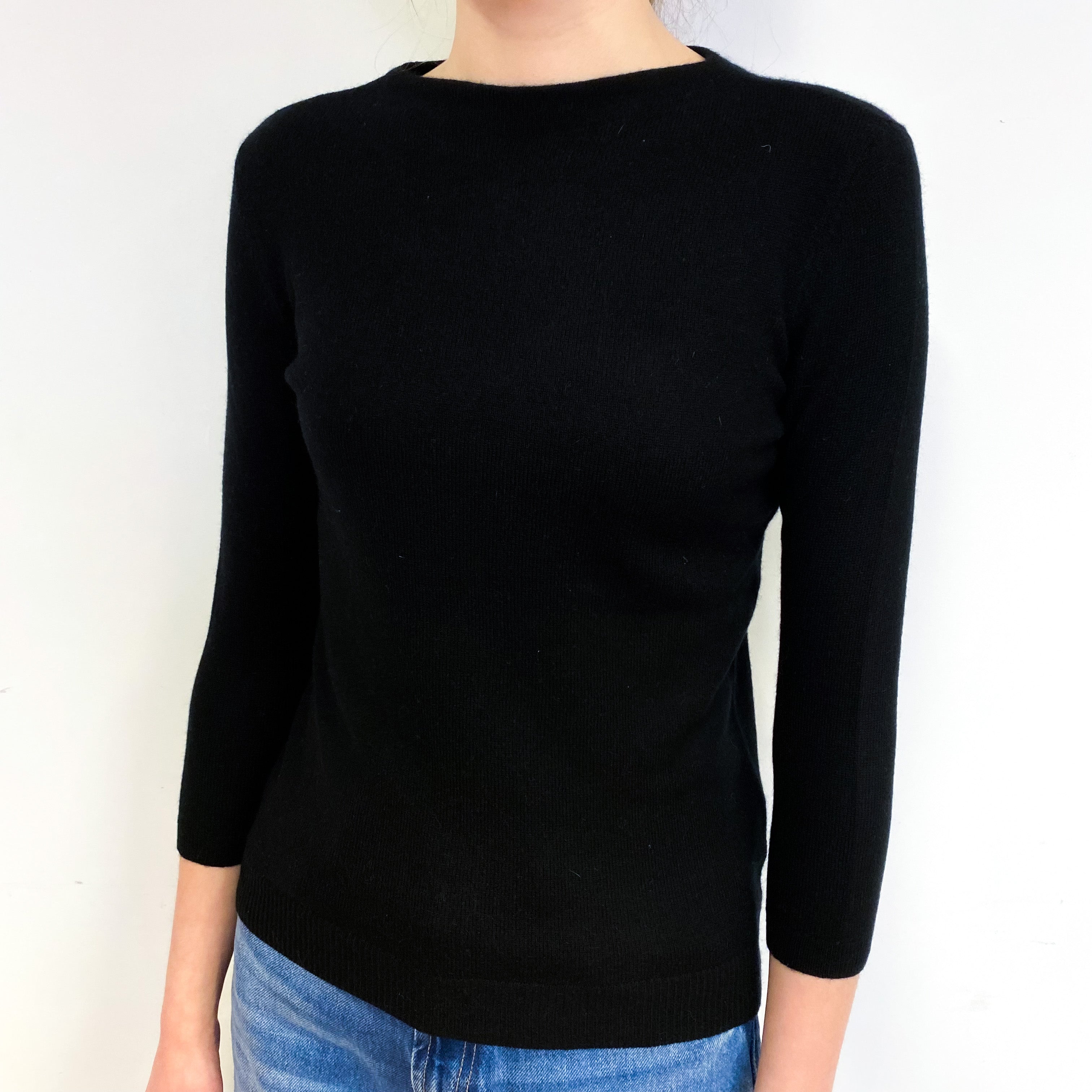 Black 3/4 Sleeve Cashmere Crew Neck Jumper Extra Small Petite