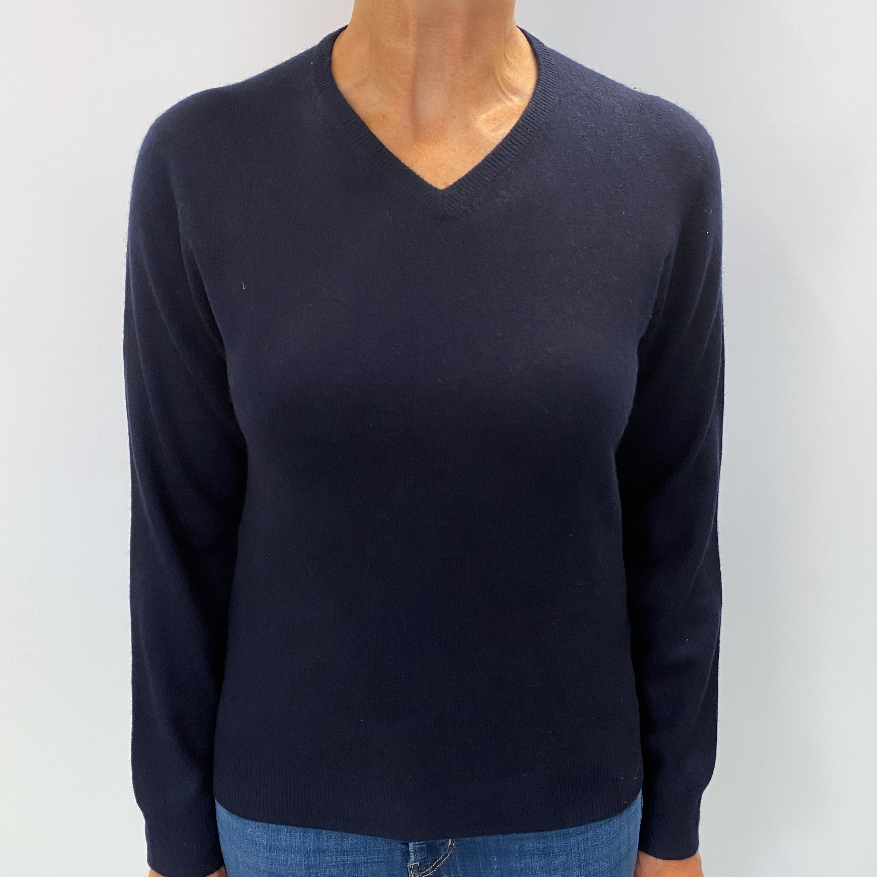 Navy Cashmere V Neck Jumper Medium