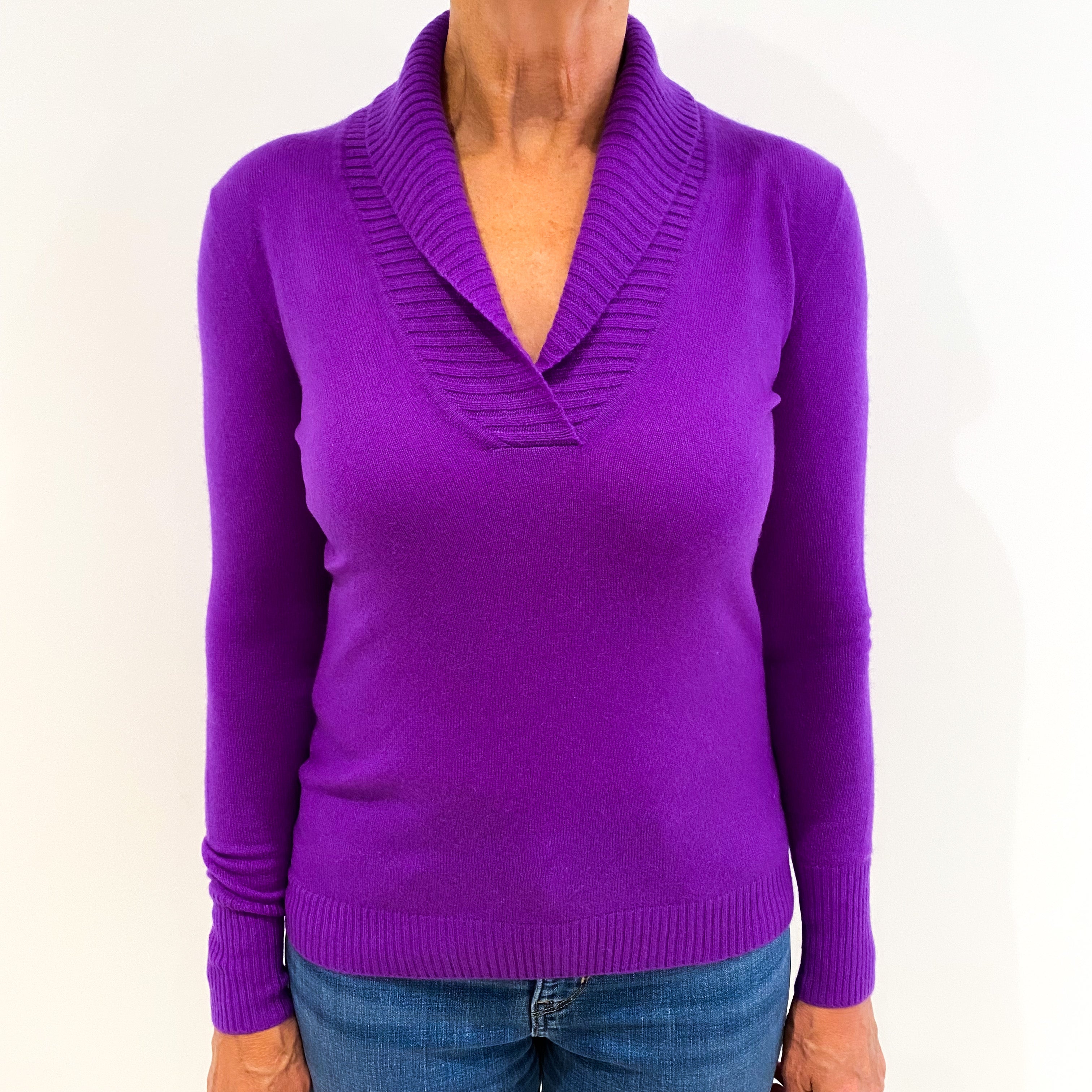 Violet Purple Ribbed Shawl Collar Cashmere V-Neck Jumper Medium