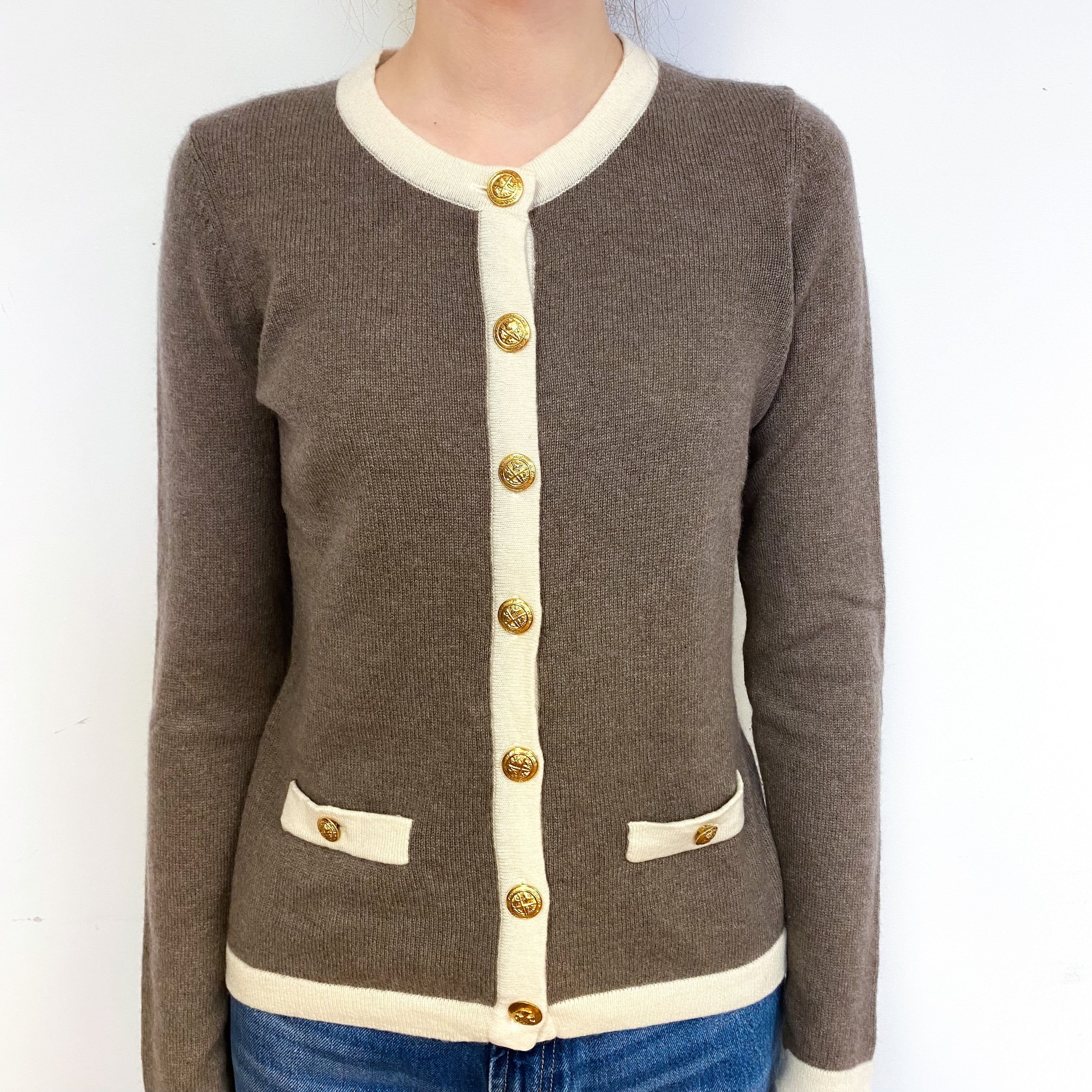 Mocha Brown Cream Trim Cashmere Crew Neck Cardigan Extra Small