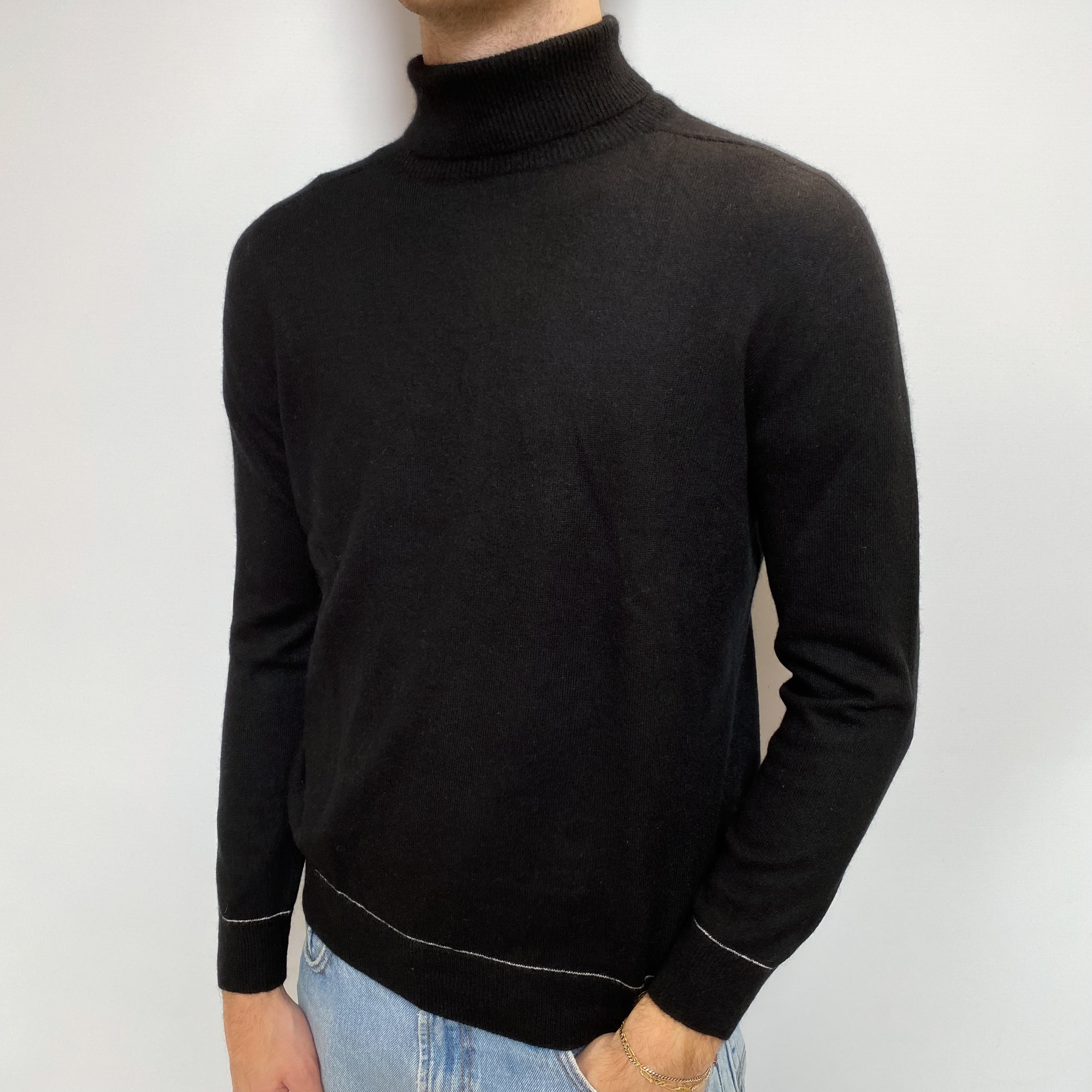 Men's Black Cashmere Polo Neck Jumper Large