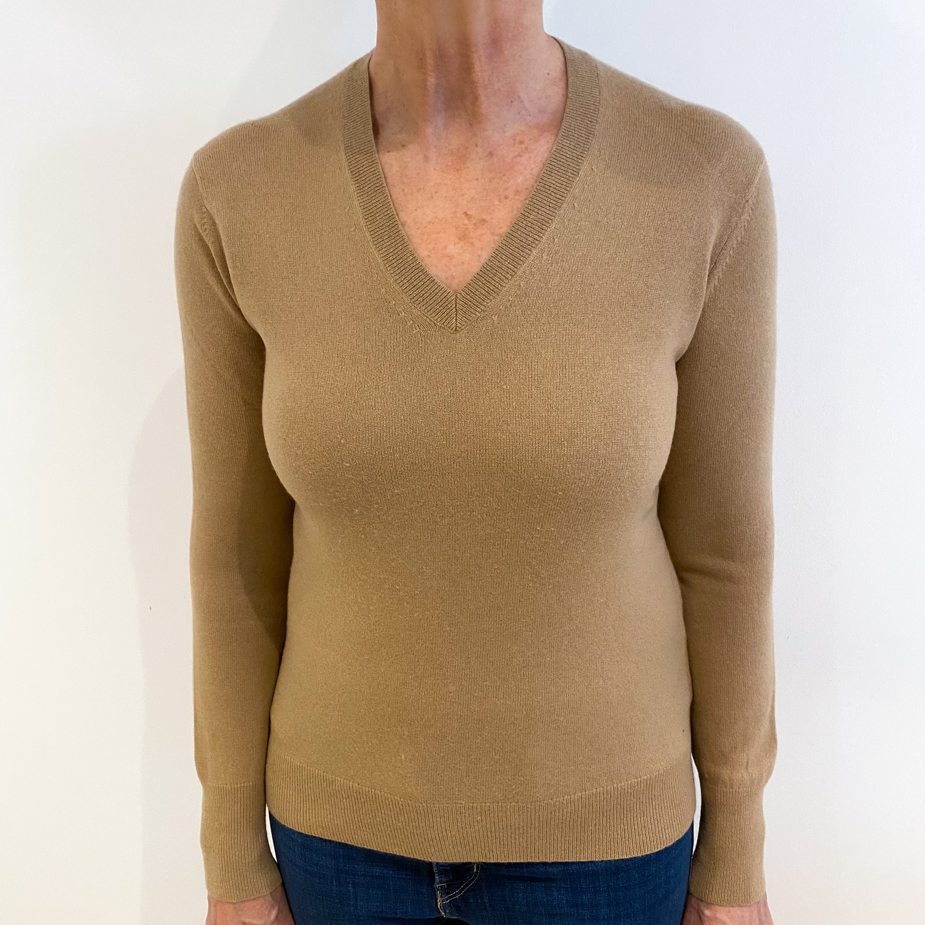 Camel Brown Cashmere V Neck Jumper Medium