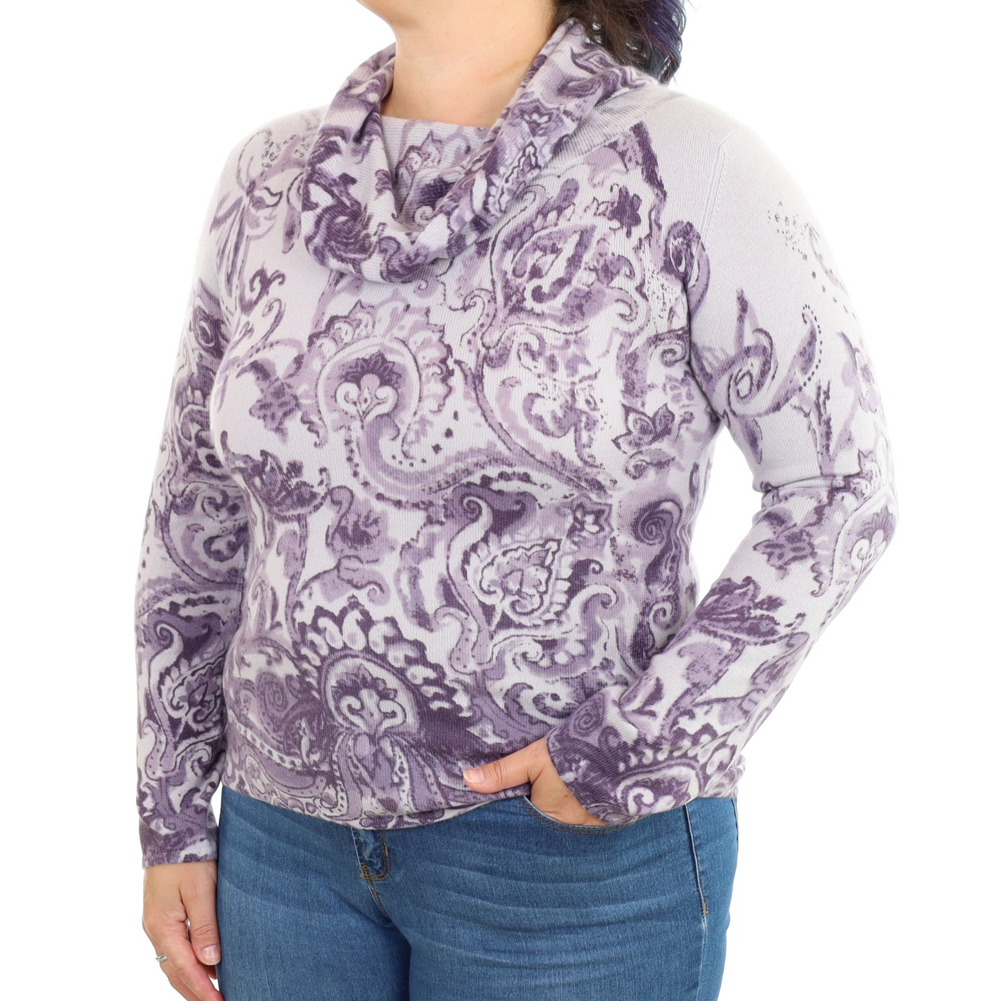 Neiman Marcus Purple Paisley Cashmere Cowl Neck Jumper Large