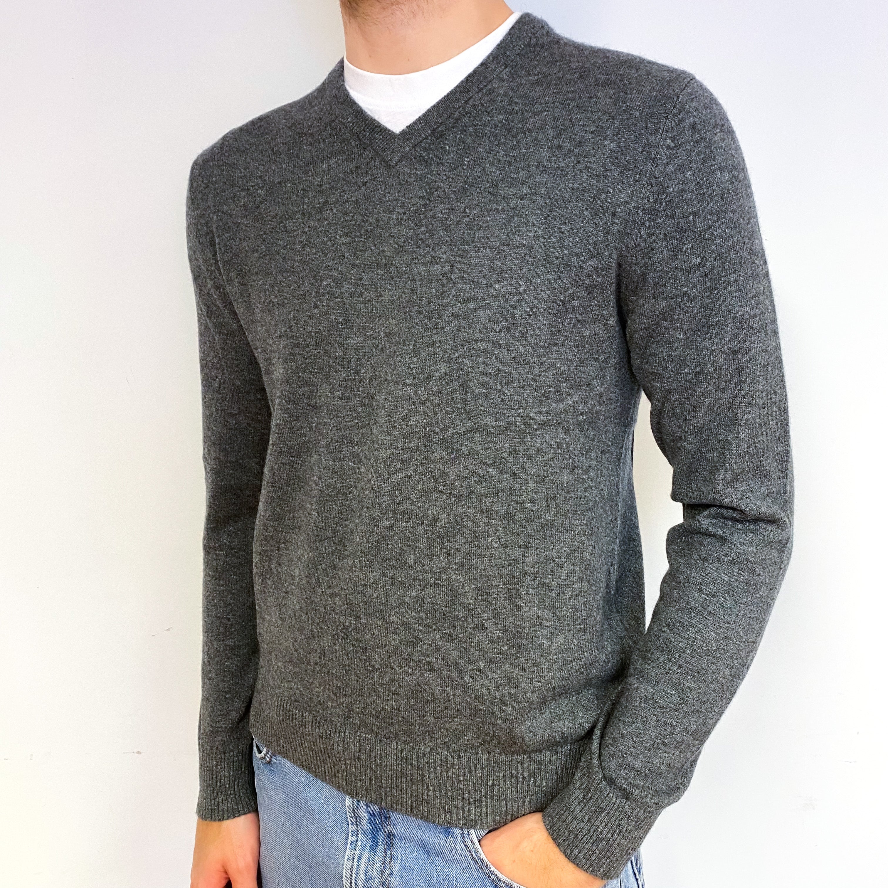 Men's Slate Grey Cashmere V-Neck Jumper Medium