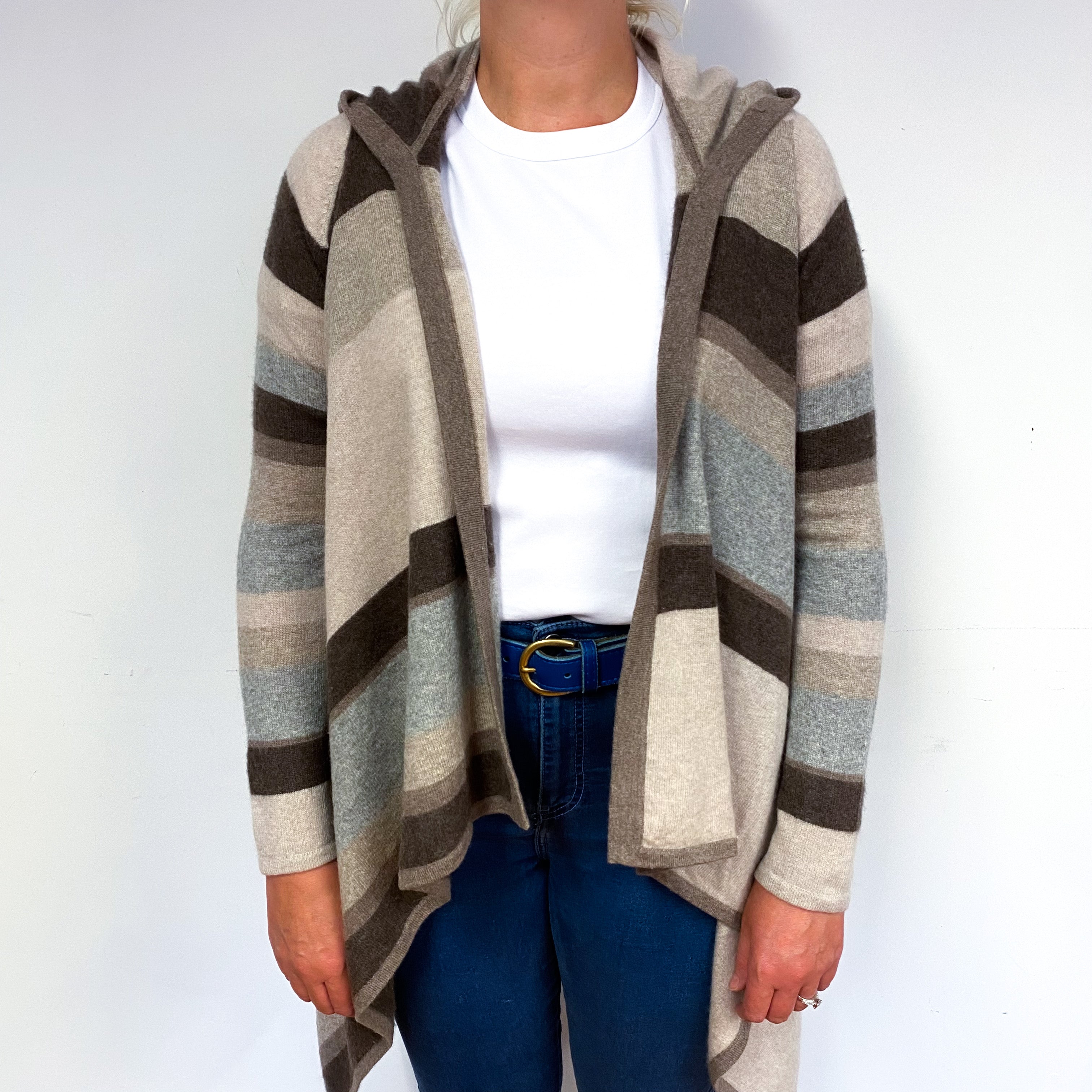 Brown Grey Stripe Cashmere Hooded Waterfall Cardigan Large