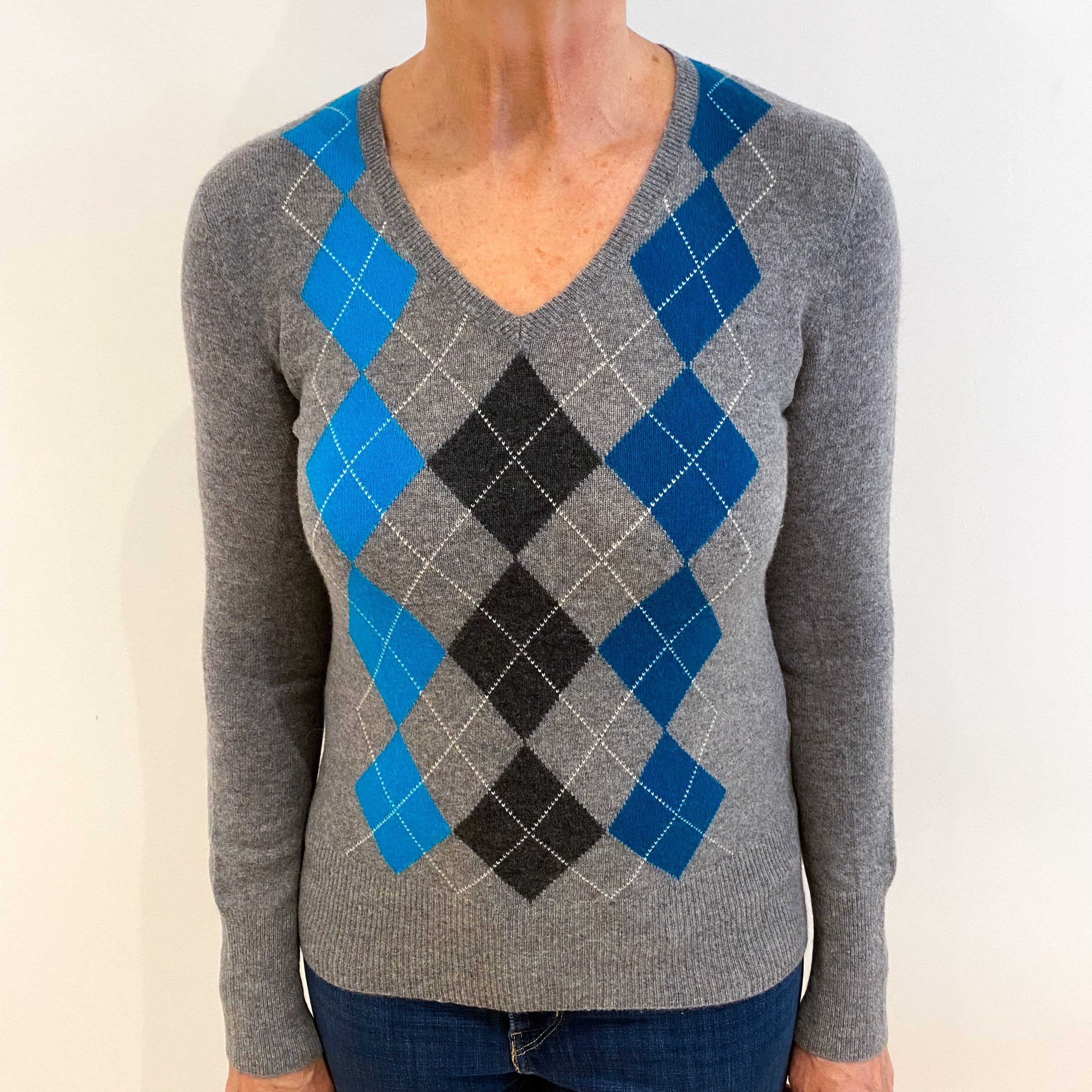 Grey and Teal Argyle Cashmere V Neck Jumper Medium