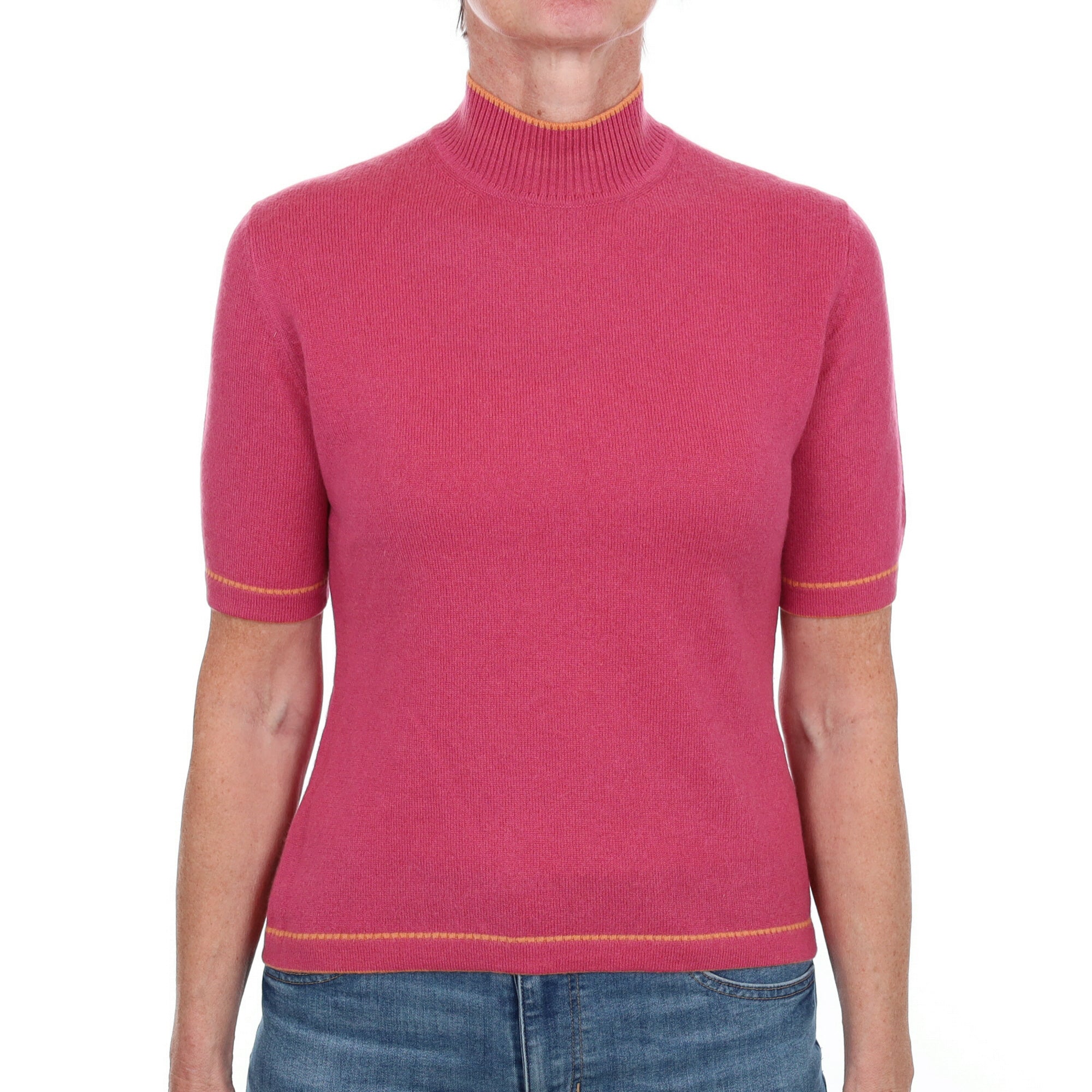 Raspberry Pink Cashmere Turtle Neck Short Sleeved Jumper Small