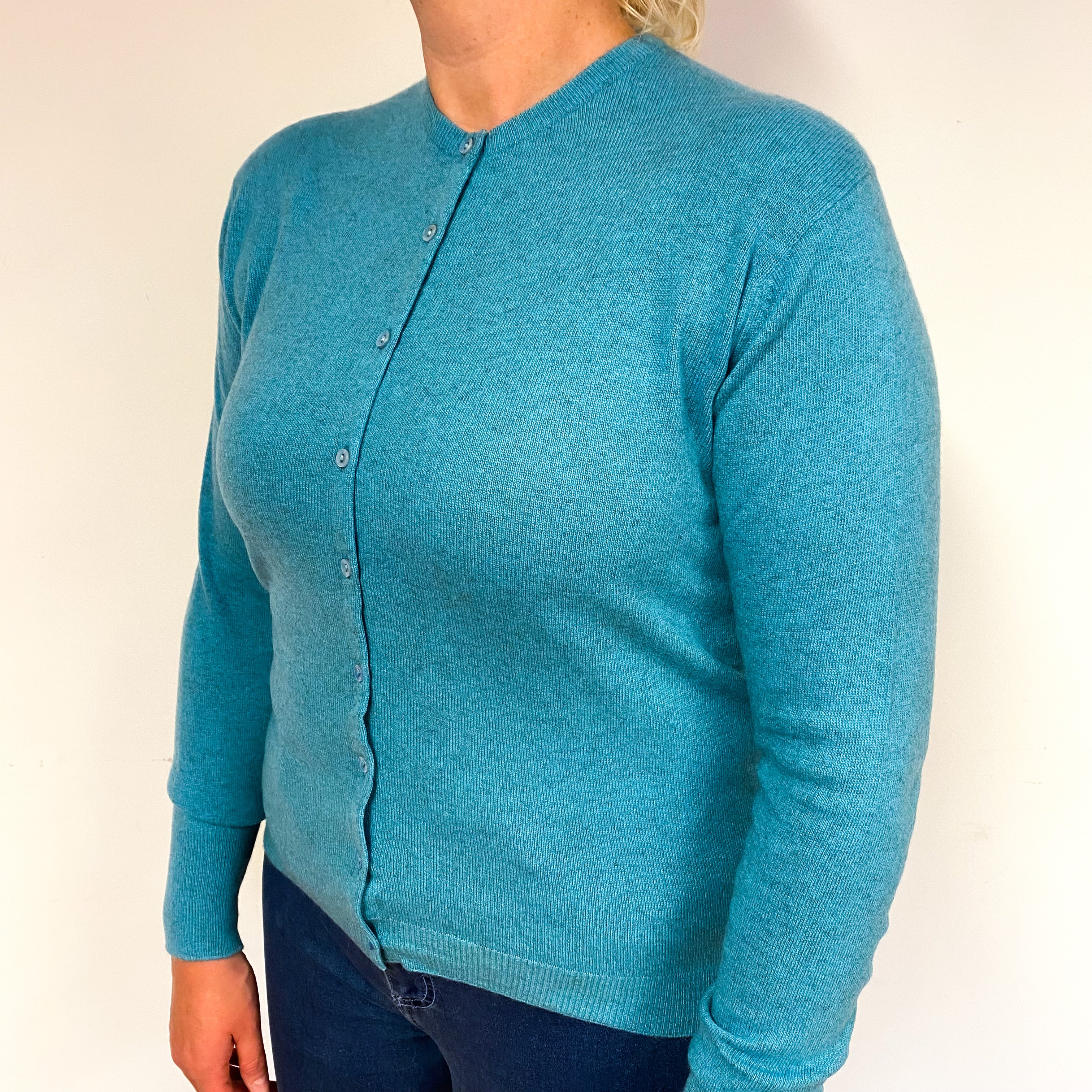 Vintage Turquoise Blue Cashmere Crew Neck Cardigan Large