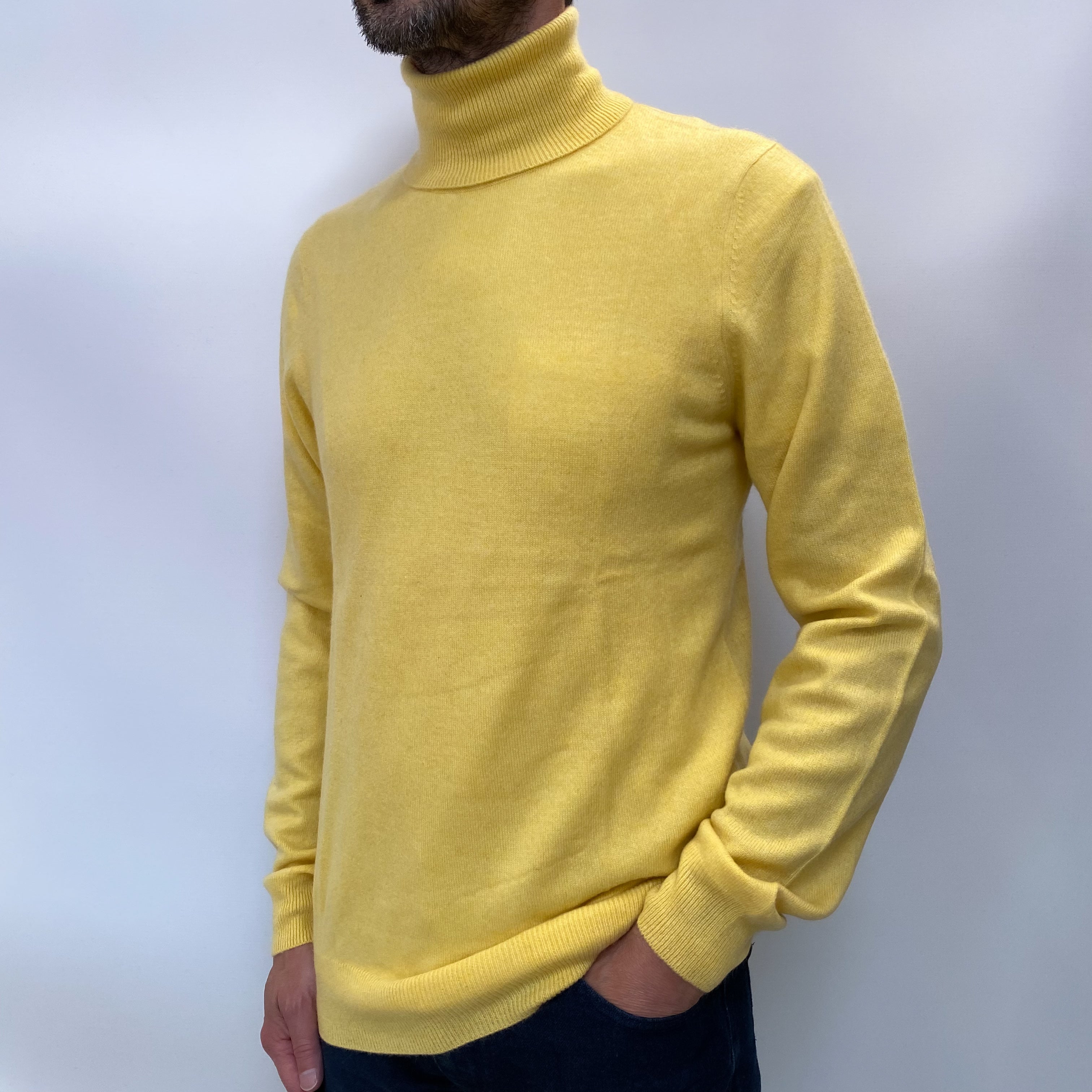 Pineapple Yellow Men's Cashmere Polo Neck Jumper Small