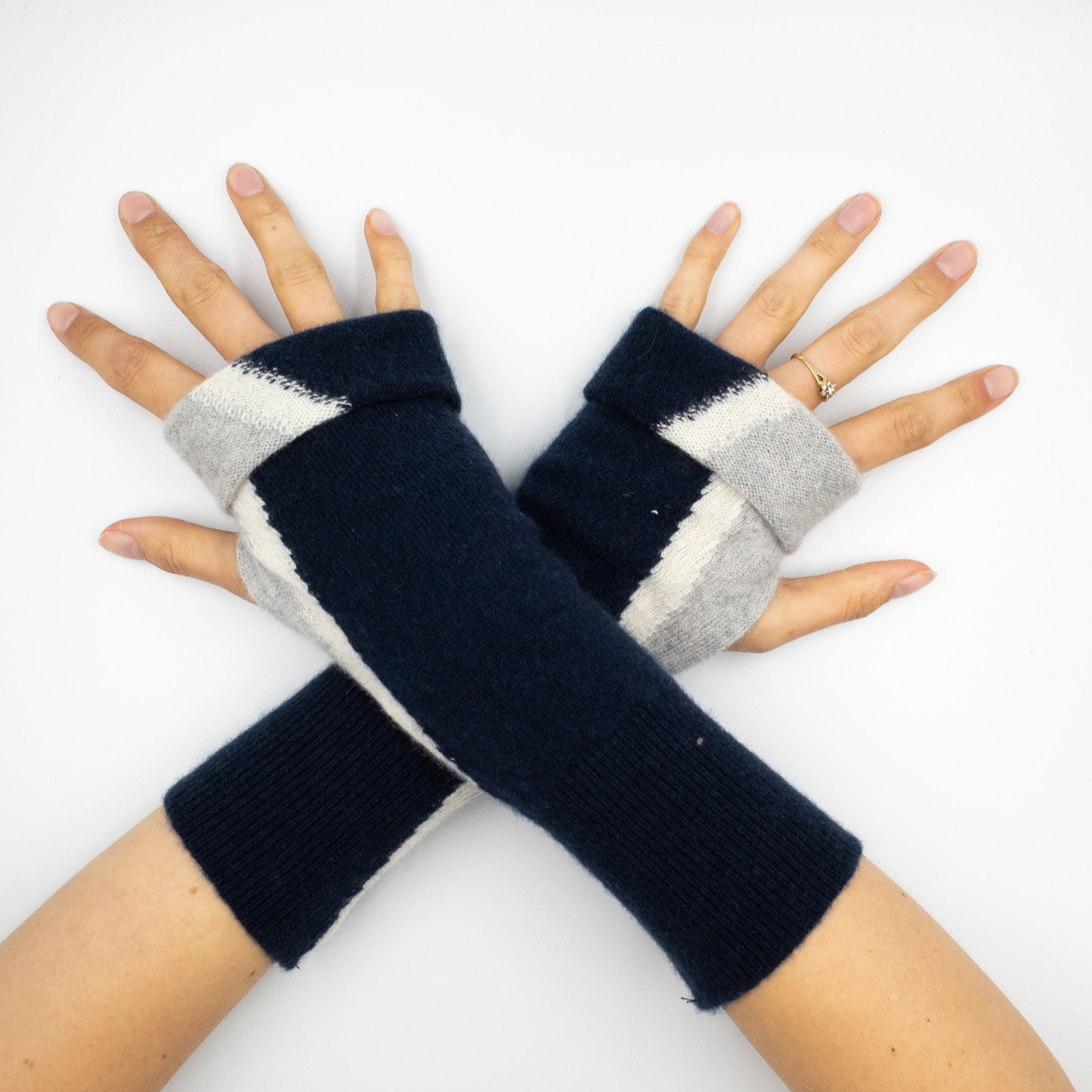 Navy and Smoke Grey Patterned Fingerless Gloves