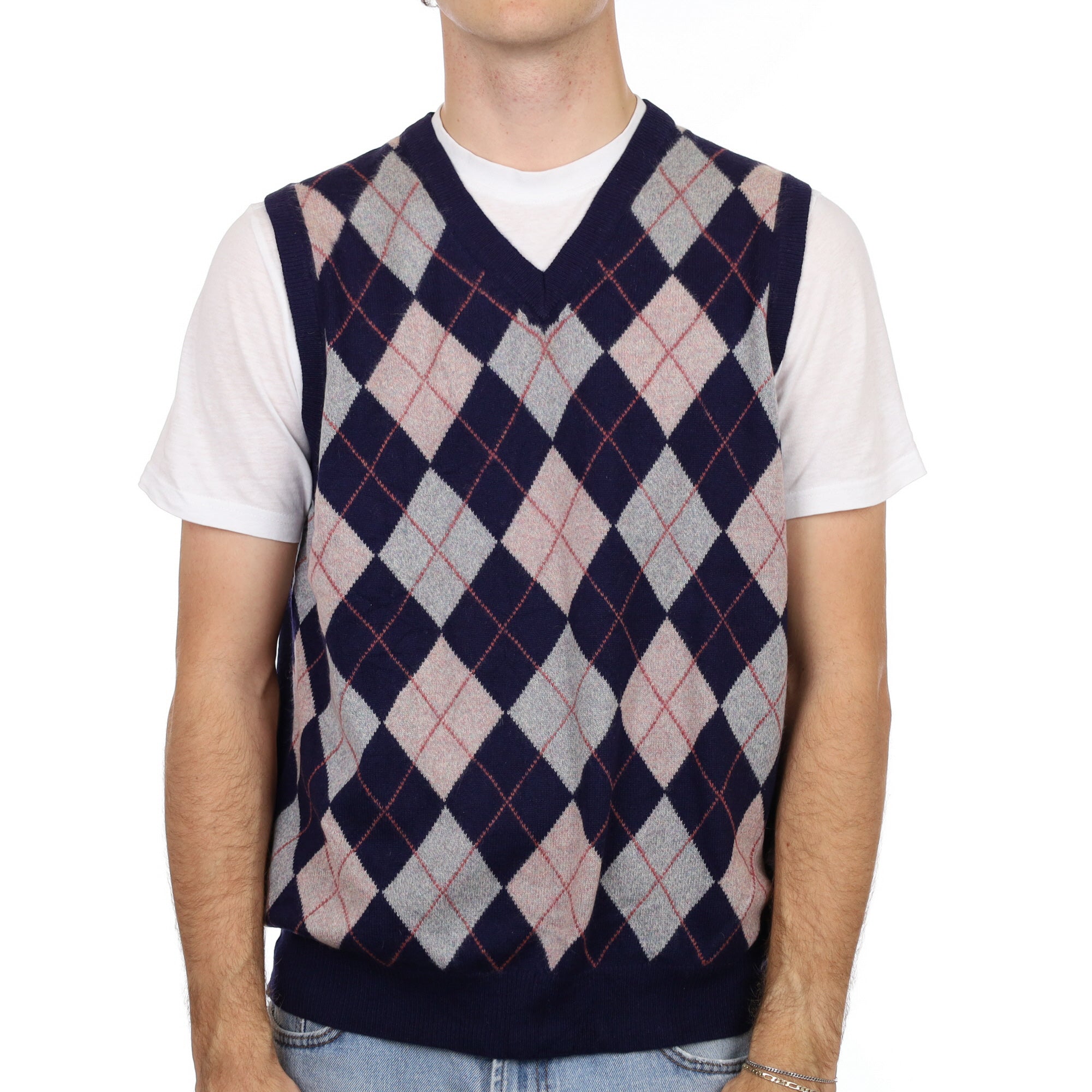 Men's Navy Blue Argyle Cashmere V Neck Vest Large