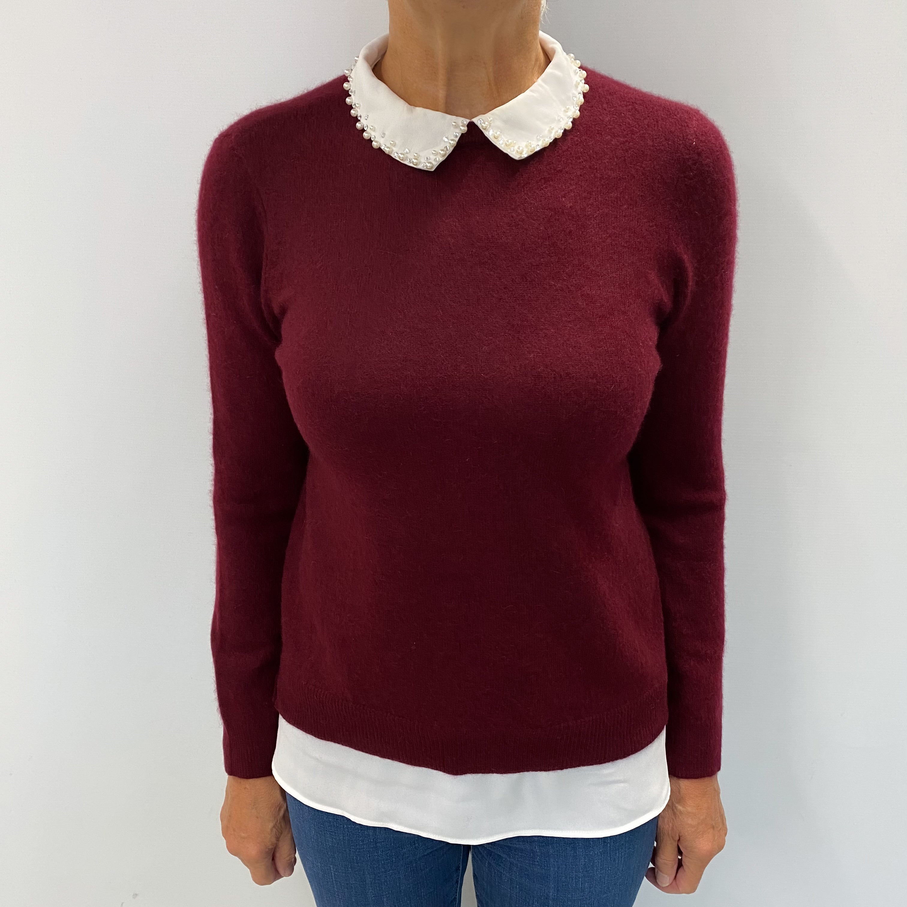 Wine Red Cashmere Collared Crew Neck Jumper Medium