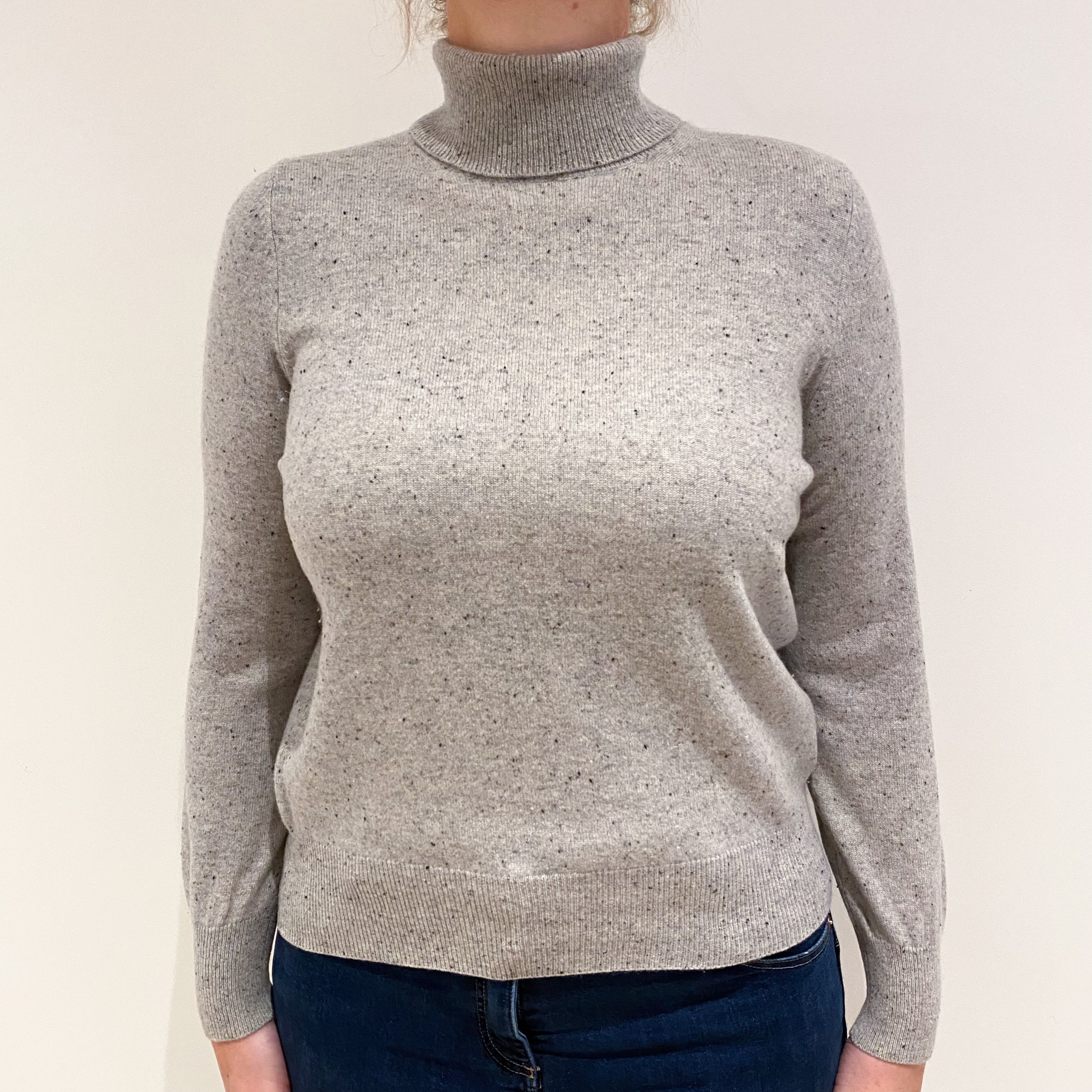 Smoke Grey Fleck Cashmere Polo Neck Jumper Large