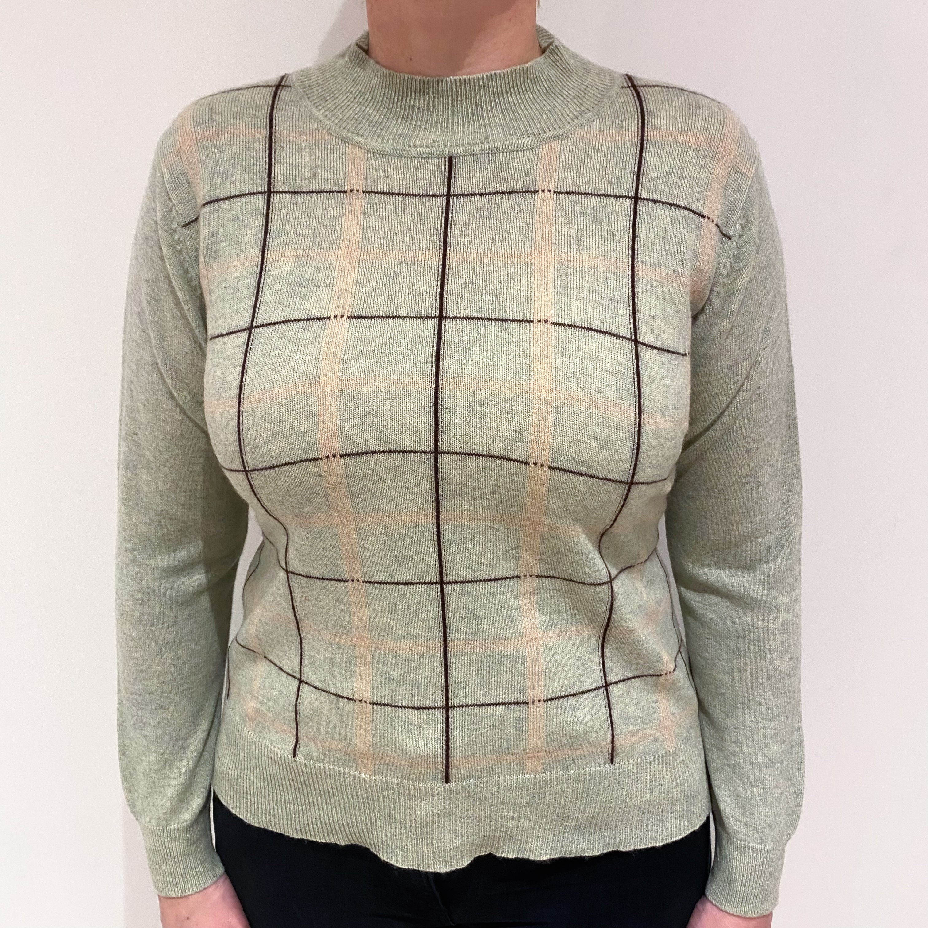 Mint Green Checked Cashmere Polo Neck Jumper Large