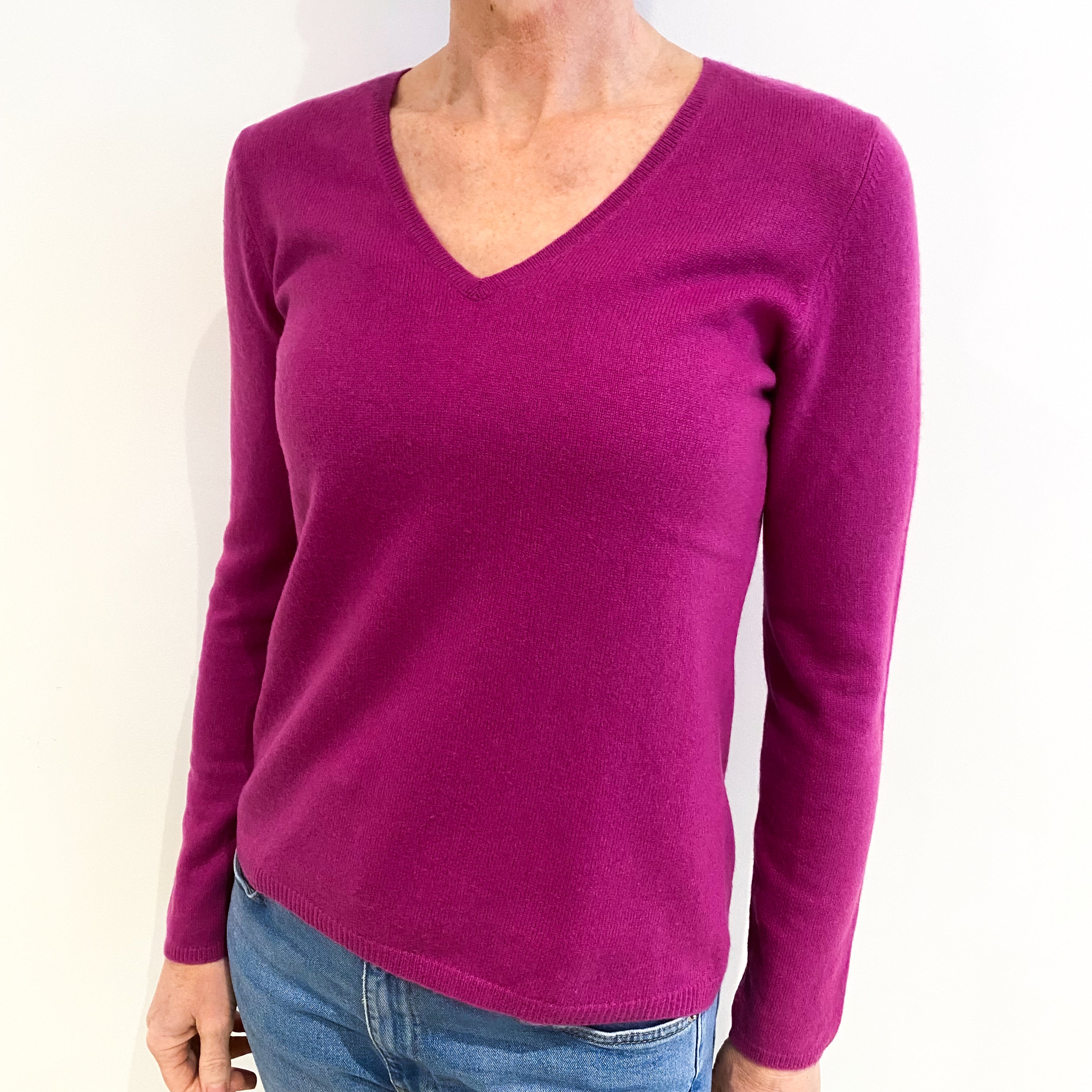 Magenta Pink Cashmere V Neck Jumper Small